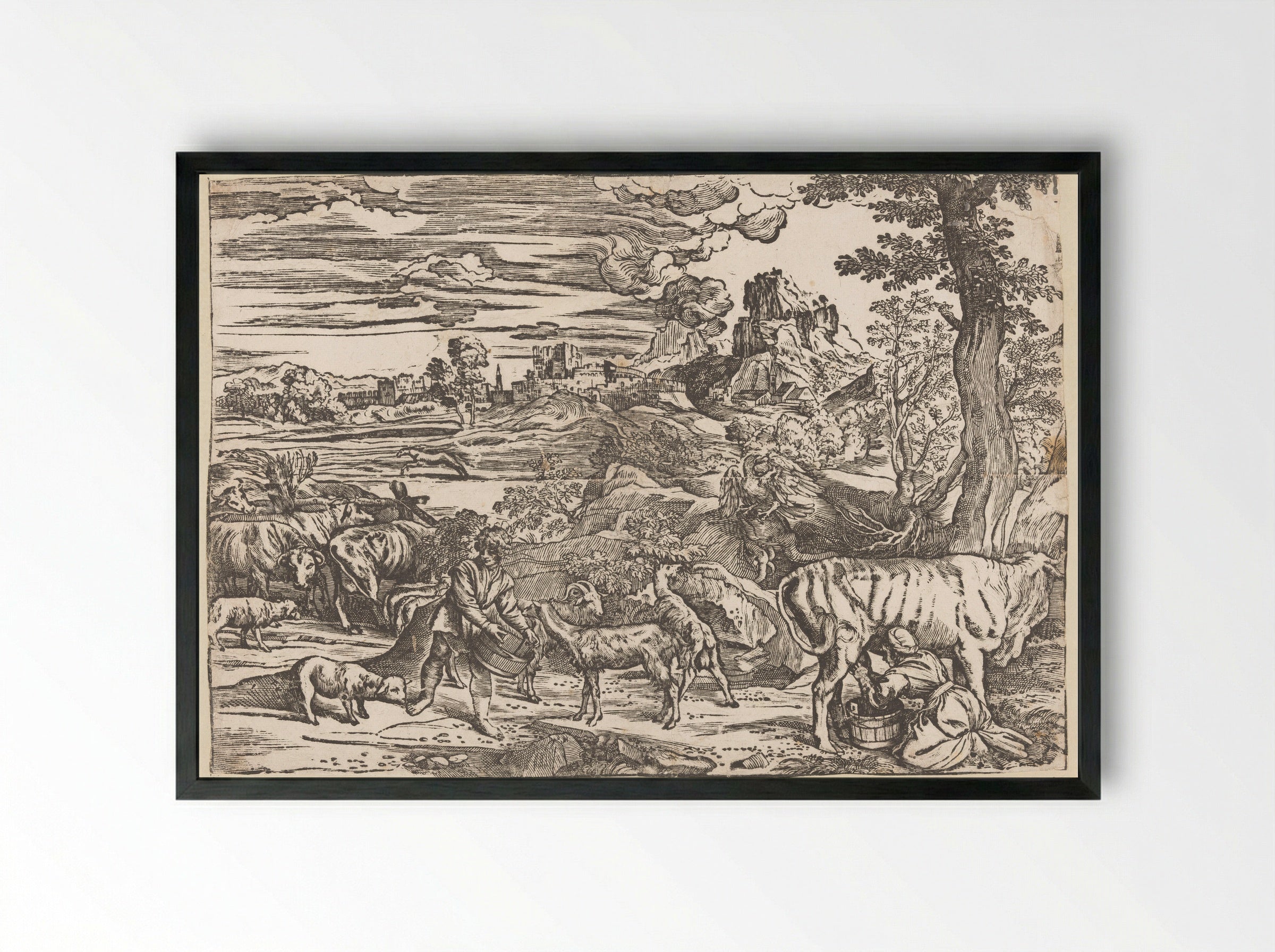 Landscape with Milkmaid - Titian - Framed Print Black