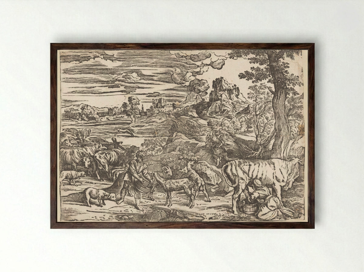 Landscape with Milkmaid - Titian - Framed Print Dark Wood