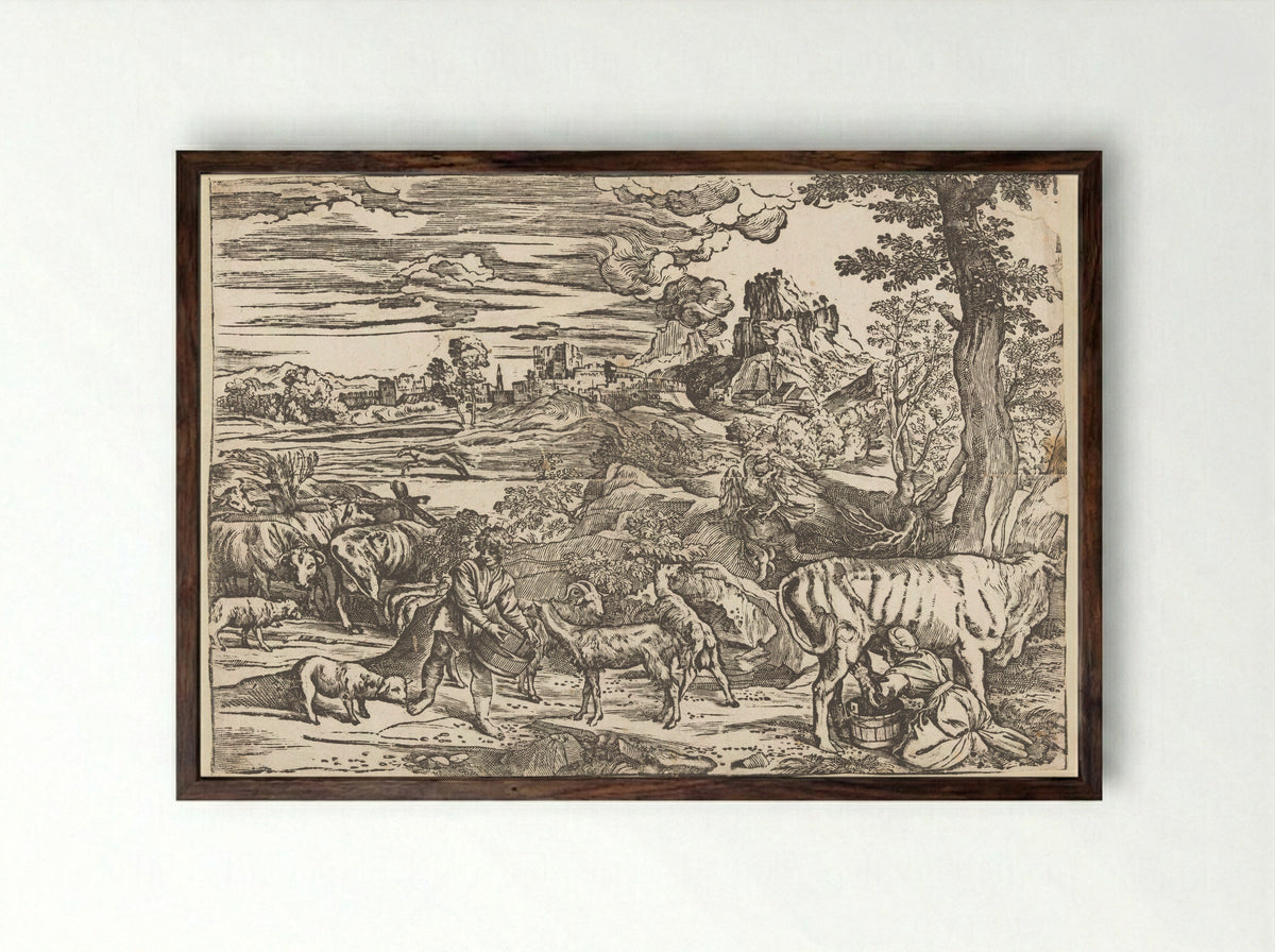 Landscape with Milkmaid - Titian - Framed Print Dark Wood