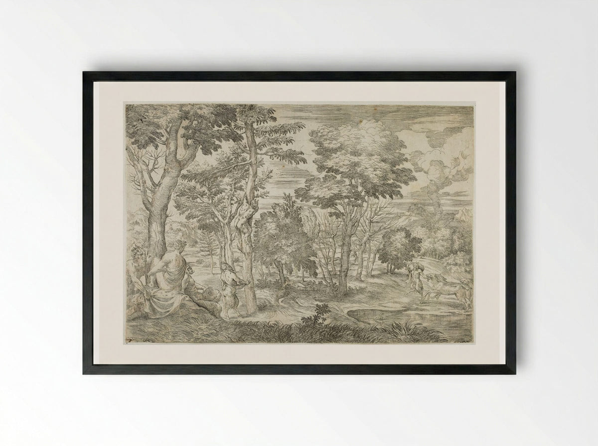Landscape with Nymphs and Satyrs - Giovanni Francesco Grimaldi - Framed Print Black