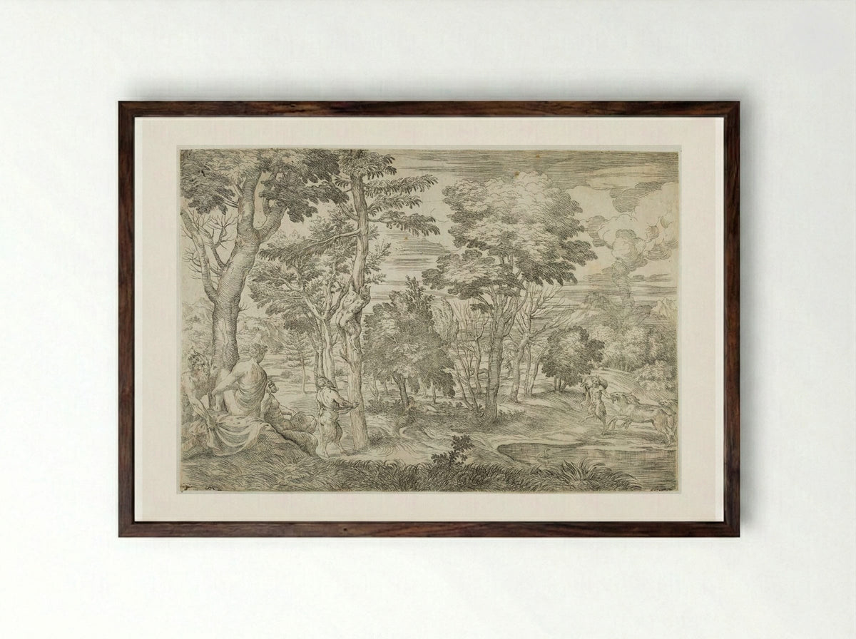 Landscape with Nymphs and Satyrs - Giovanni Francesco Grimaldi - Framed Print Dark Wood