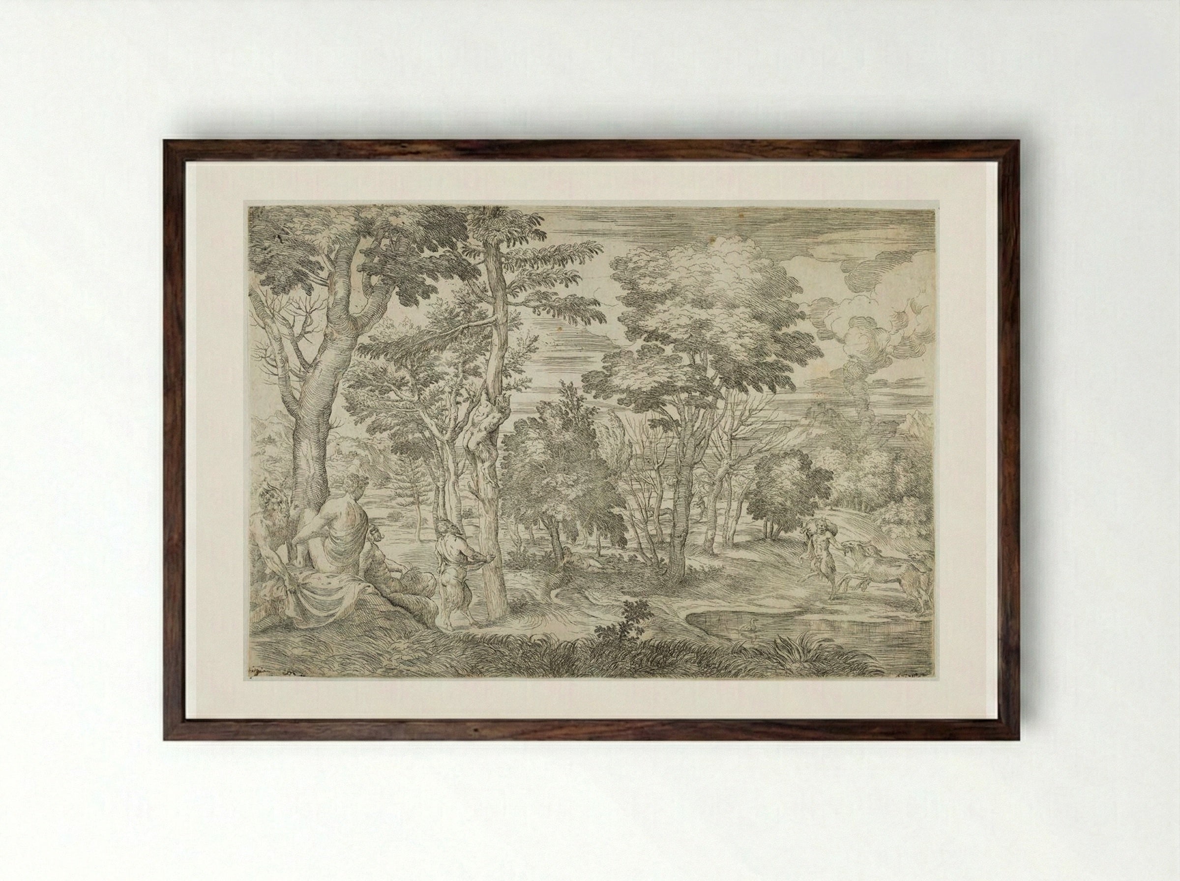 Landscape with Nymphs and Satyrs - Giovanni Francesco Grimaldi - Framed Print Dark Wood