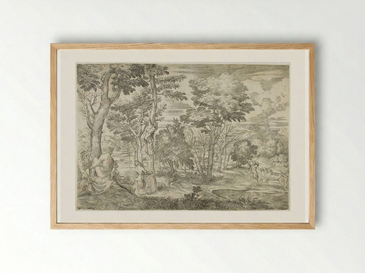 Landscape with Nymphs and Satyrs - Giovanni Francesco Grimaldi - Framed Print Wood