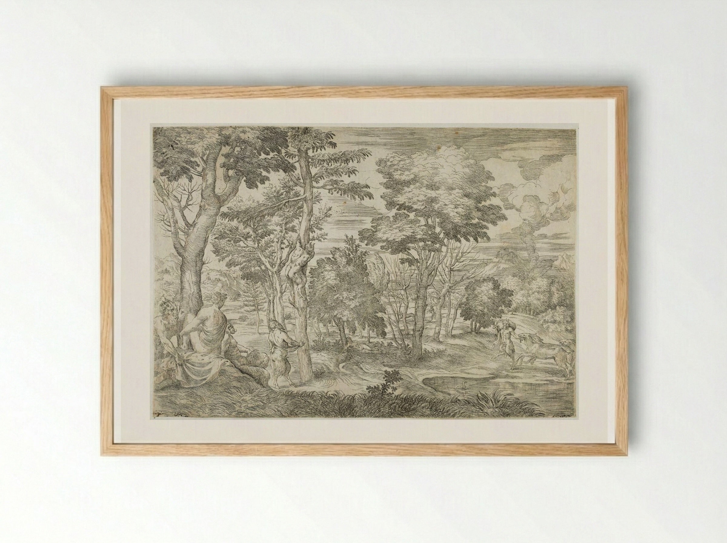 Landscape with Nymphs and Satyrs - Giovanni Francesco Grimaldi - Framed Print Wood