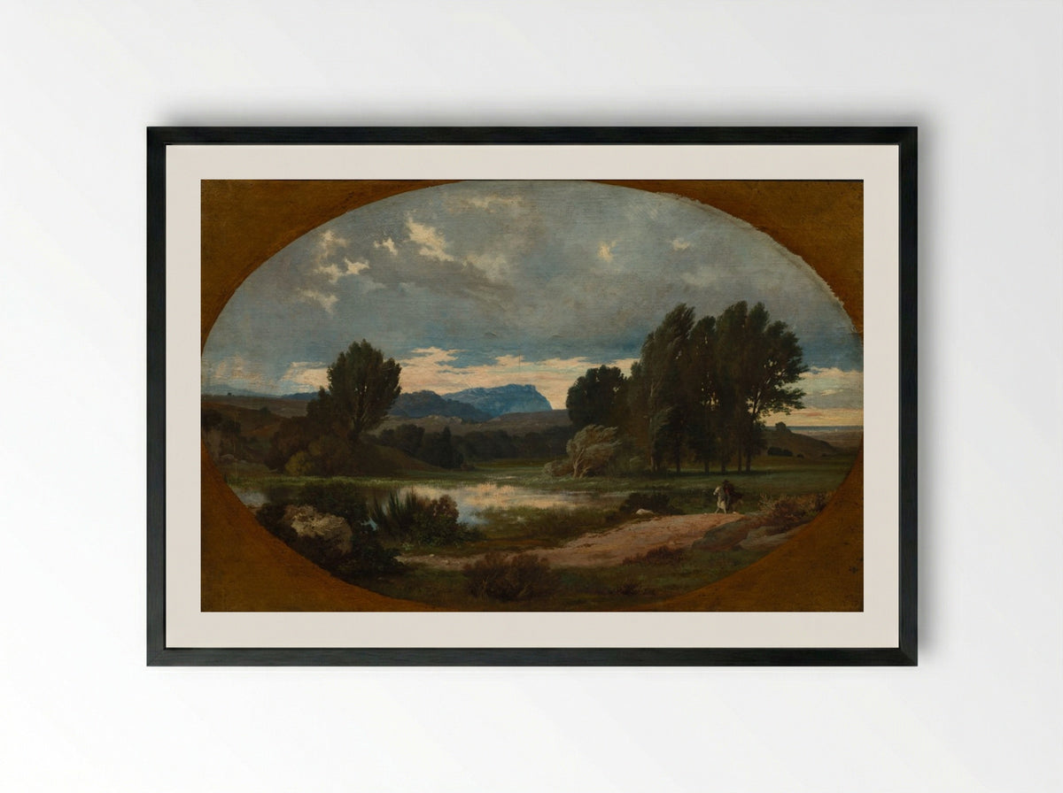 Landscape with Rider on White Horse - Jean Achille Benouville - Framed Print Black