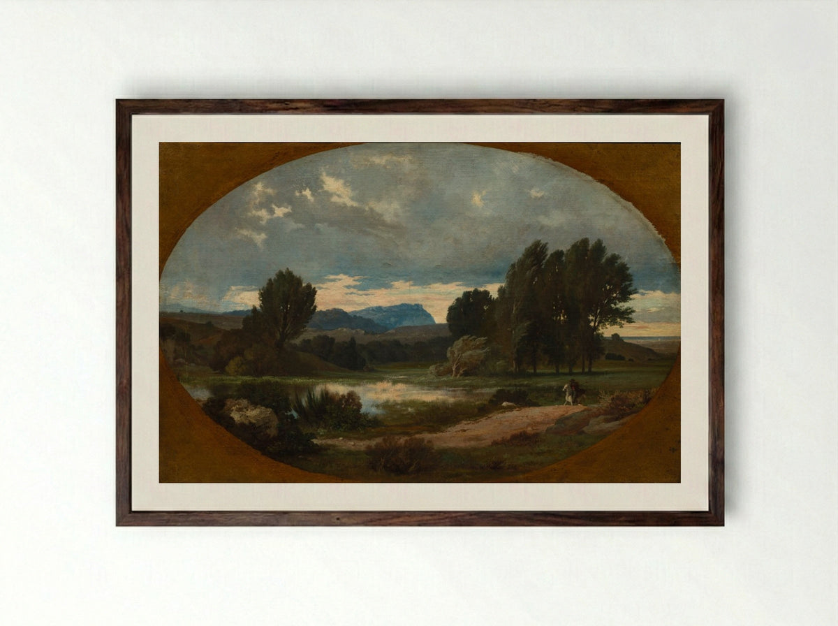Landscape with Rider on White Horse - Jean Achille Benouville - Framed Print Dark Wood