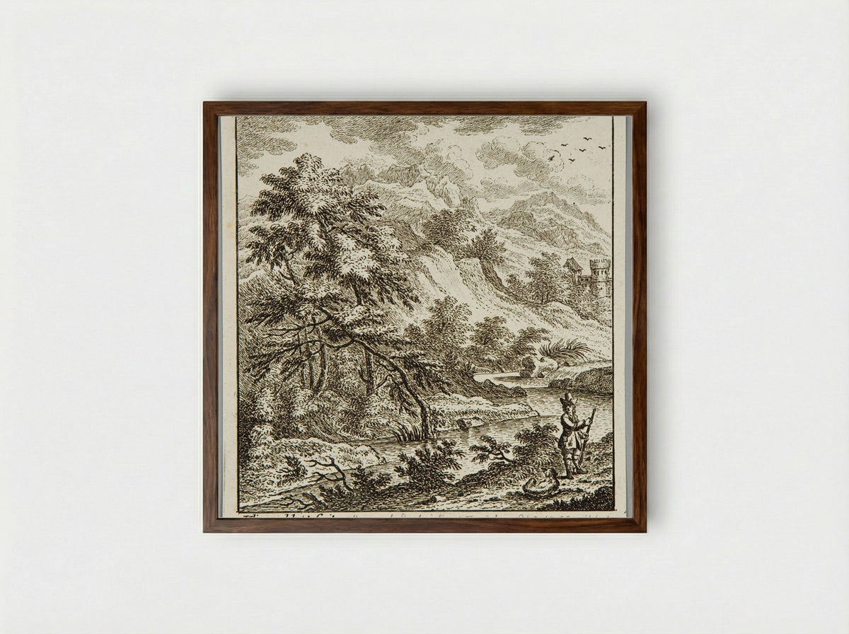 Landscape with River and Castle - Johann Caspar Ulinger - Framed Print Dark Wood