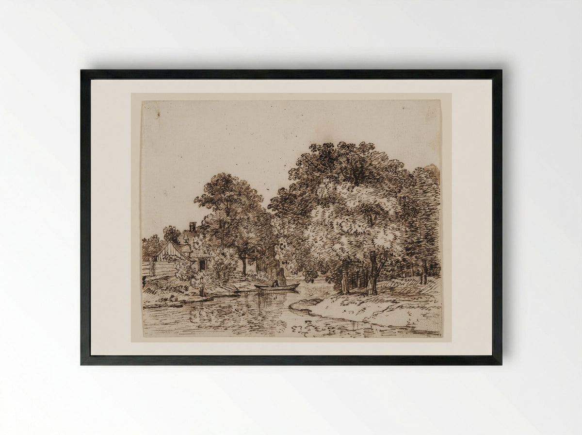 Landscape with River and Houses - Ferdinand Kobell - Framed Print Black