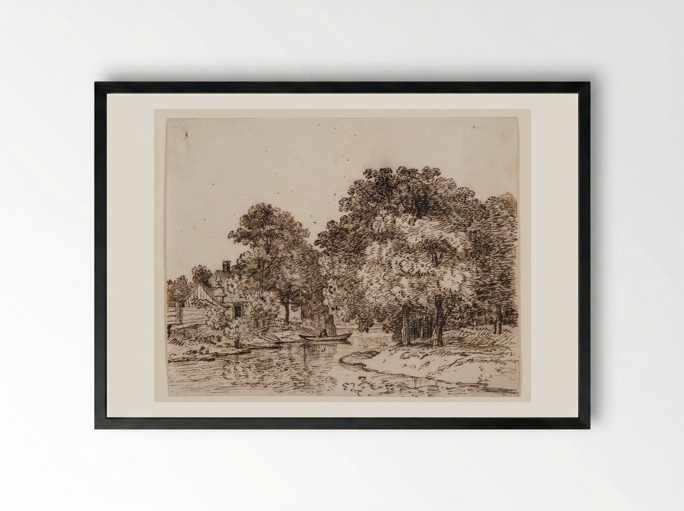 Landscape with River and Houses - Ferdinand Kobell - Framed Print Black