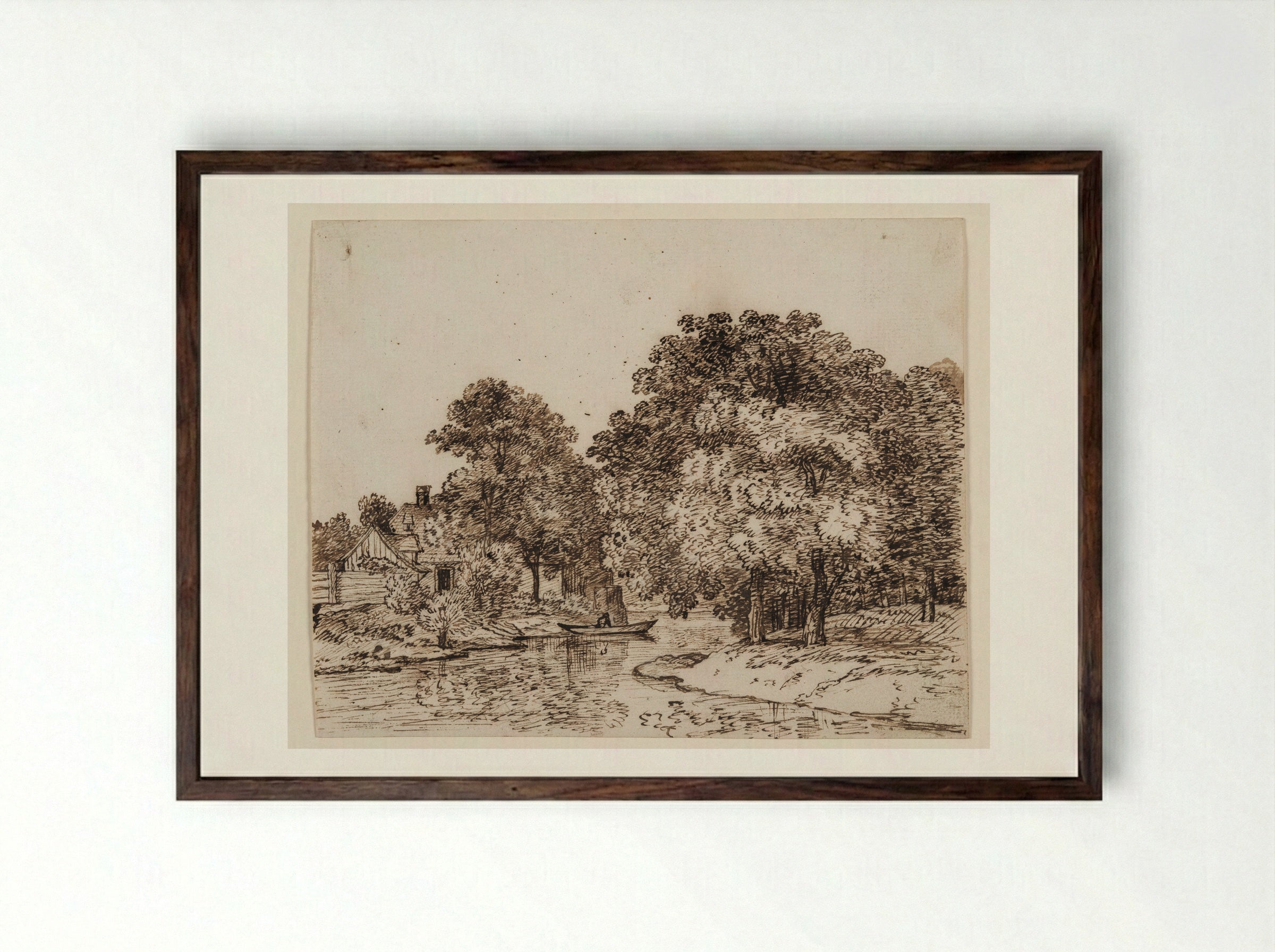 Landscape with River and Houses - Ferdinand Kobell - Framed Print Dark Wood