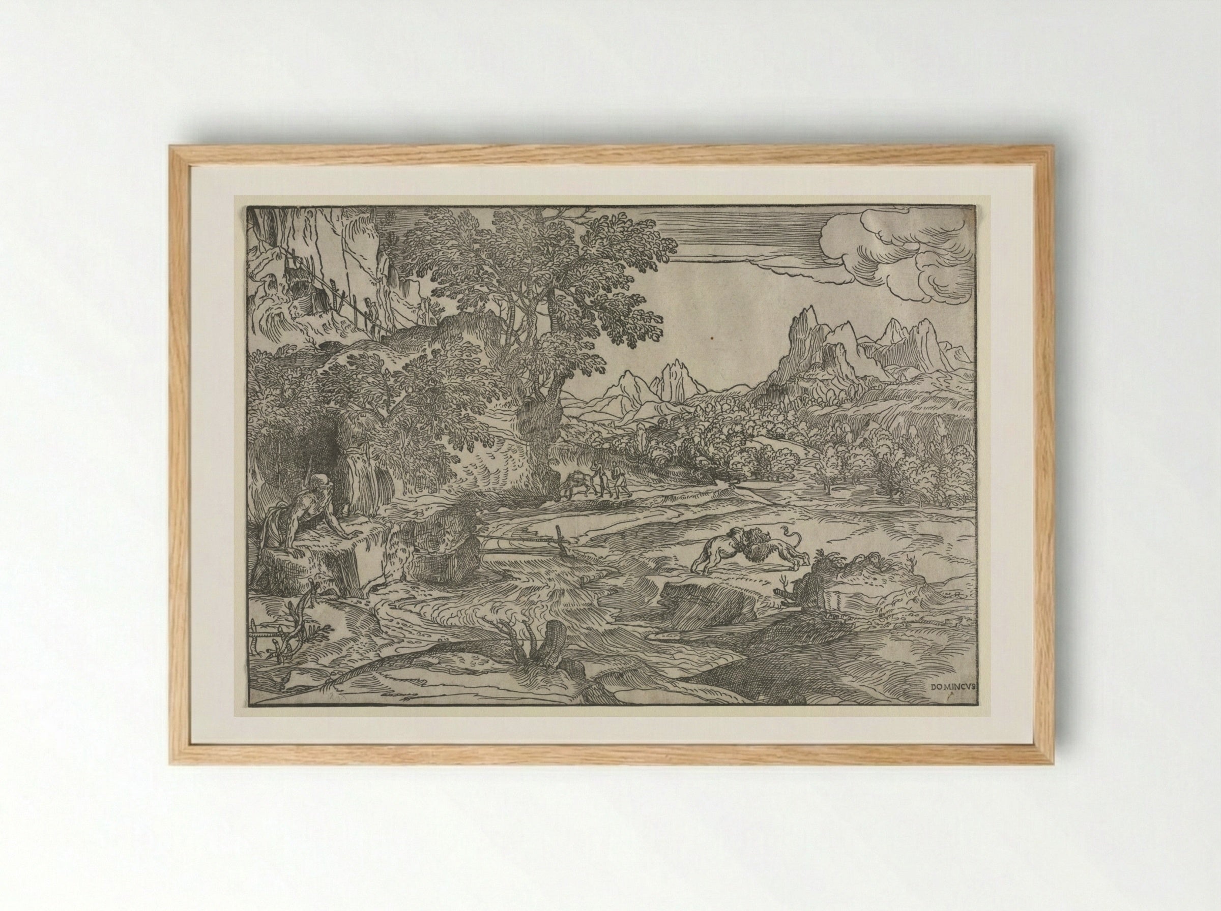 Landscape with Saint Jerome and Two Lions - Domenico Campagnola - Framed Print Wood