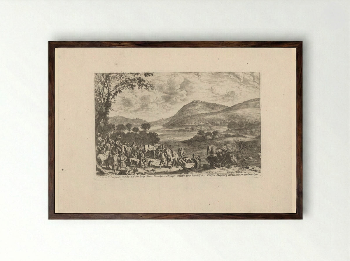Landscape with Saint Leopold Vowing to Build a Monastery - Johann Ulrich Kraus - Framed Print Dark Wood