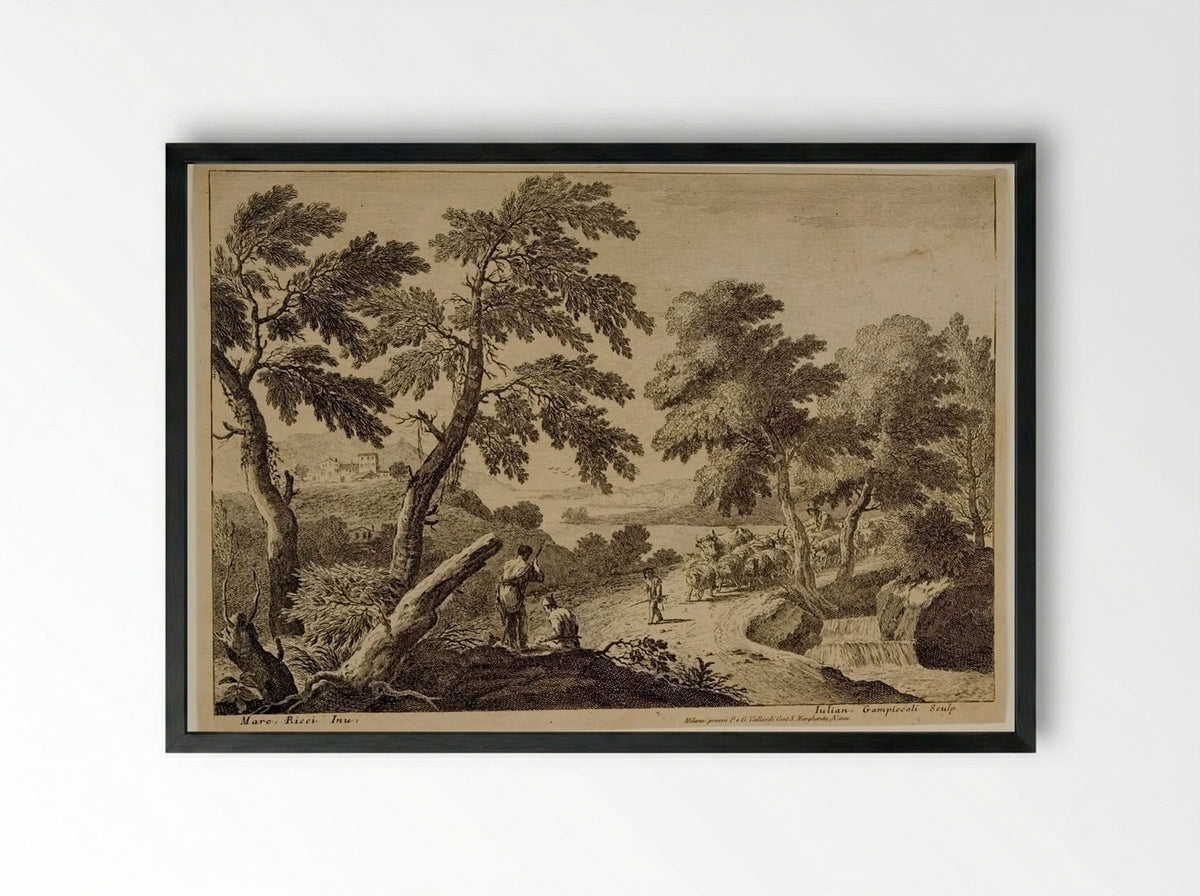 Landscape with Shepherd Driving Sheep - Giuliano Giampiccoli - Framed Print Black