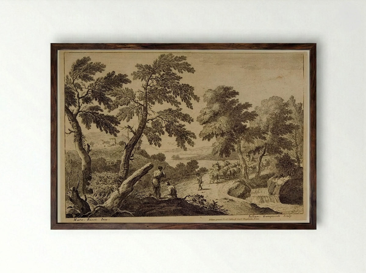 Landscape with Shepherd Driving Sheep - Giuliano Giampiccoli - Framed Print Dark Wood