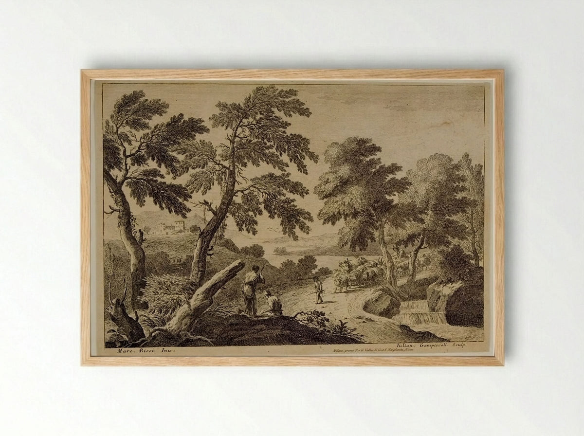Landscape with Shepherd Driving Sheep - Giuliano Giampiccoli - Framed Print Wood