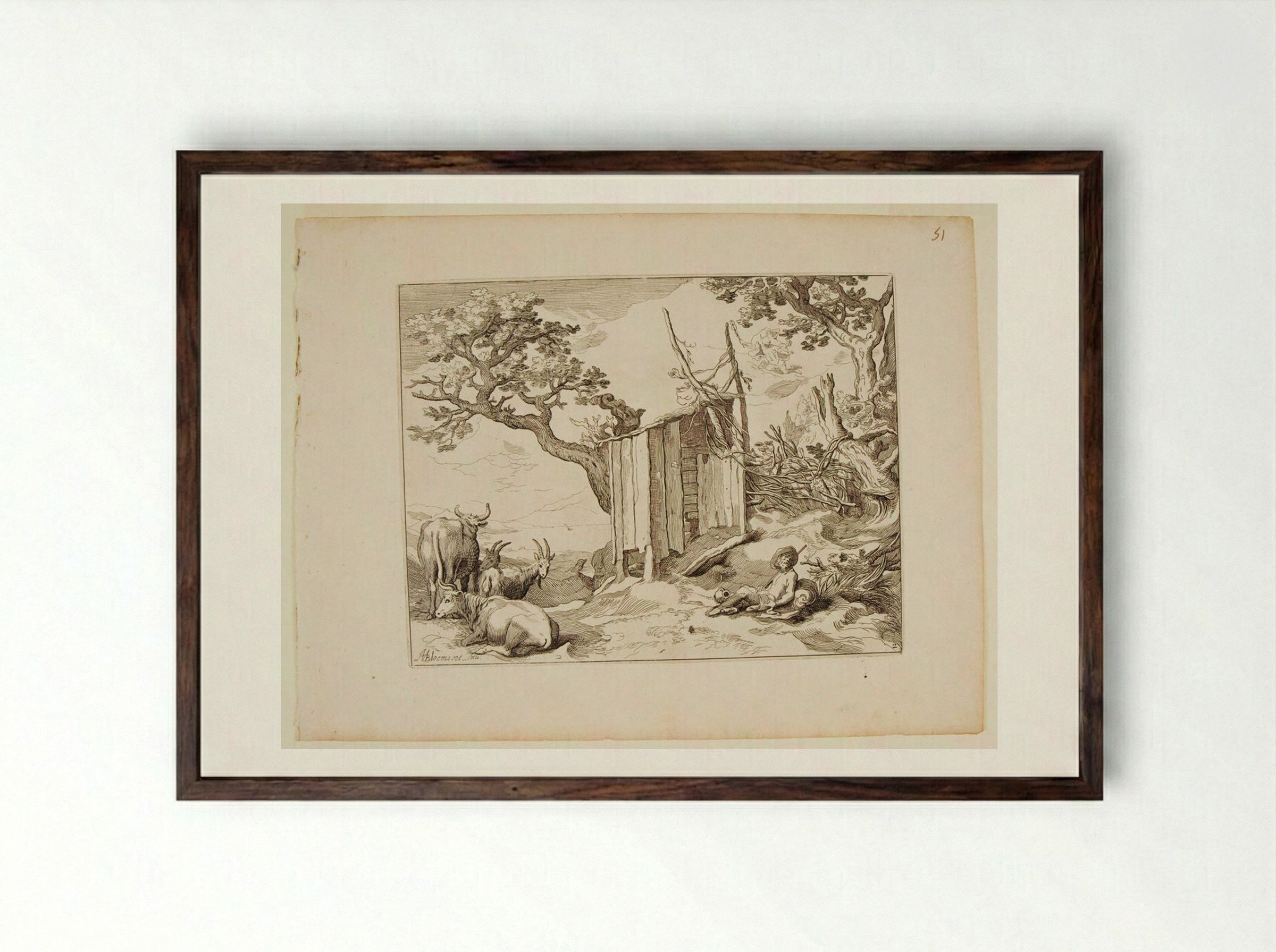 Landscape with Shepherd Tending Cows and Goats - Boetius Adamsz. Bolswert - Framed Print Dark Wood
