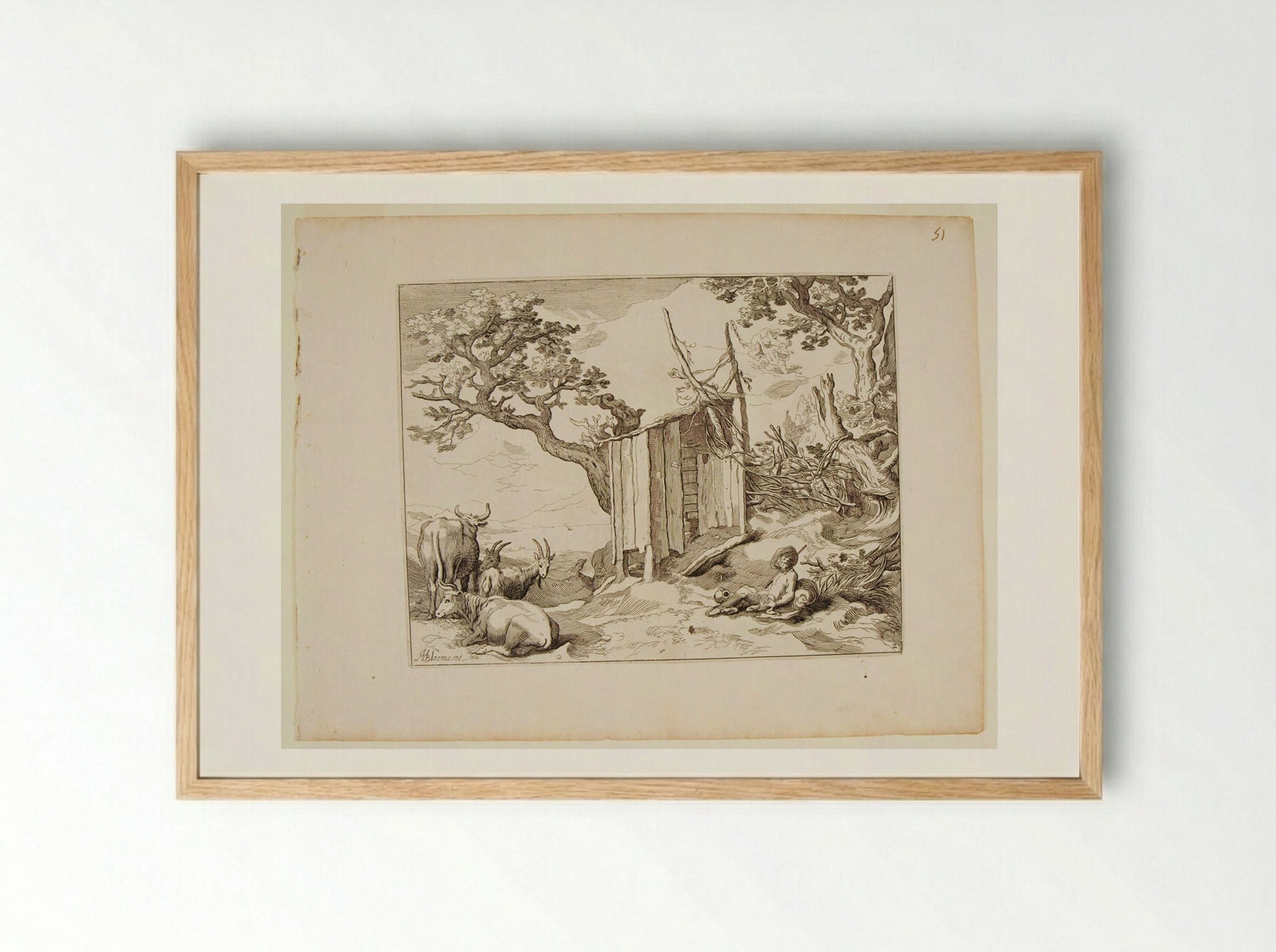 Landscape with Shepherd Tending Cows and Goats - Boetius Adamsz. Bolswert - Framed Print Wood