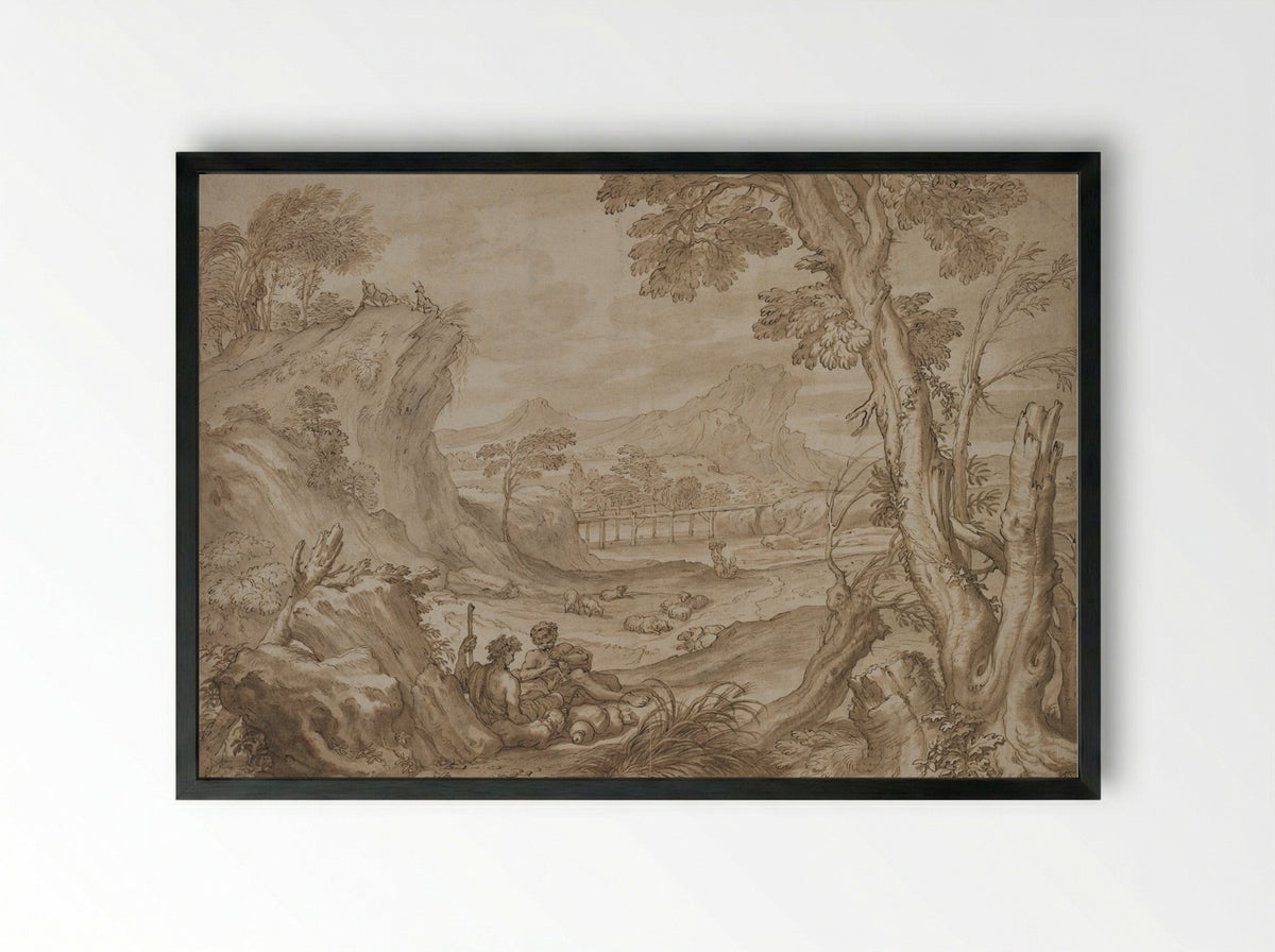Landscape with Shepherds - Domenico Piola - Framed Print Black
