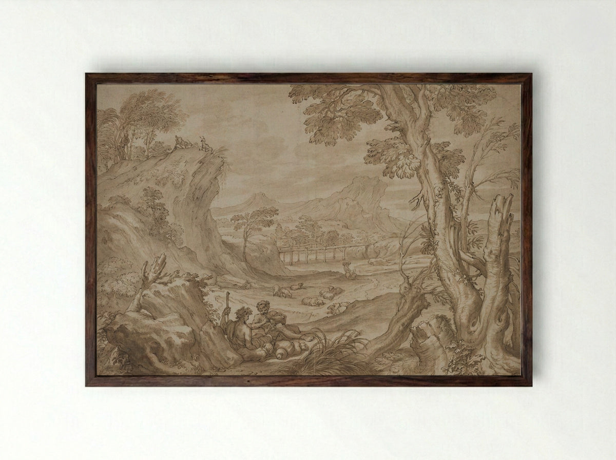 Landscape with Shepherds - Domenico Piola - Framed Print Dark Wood