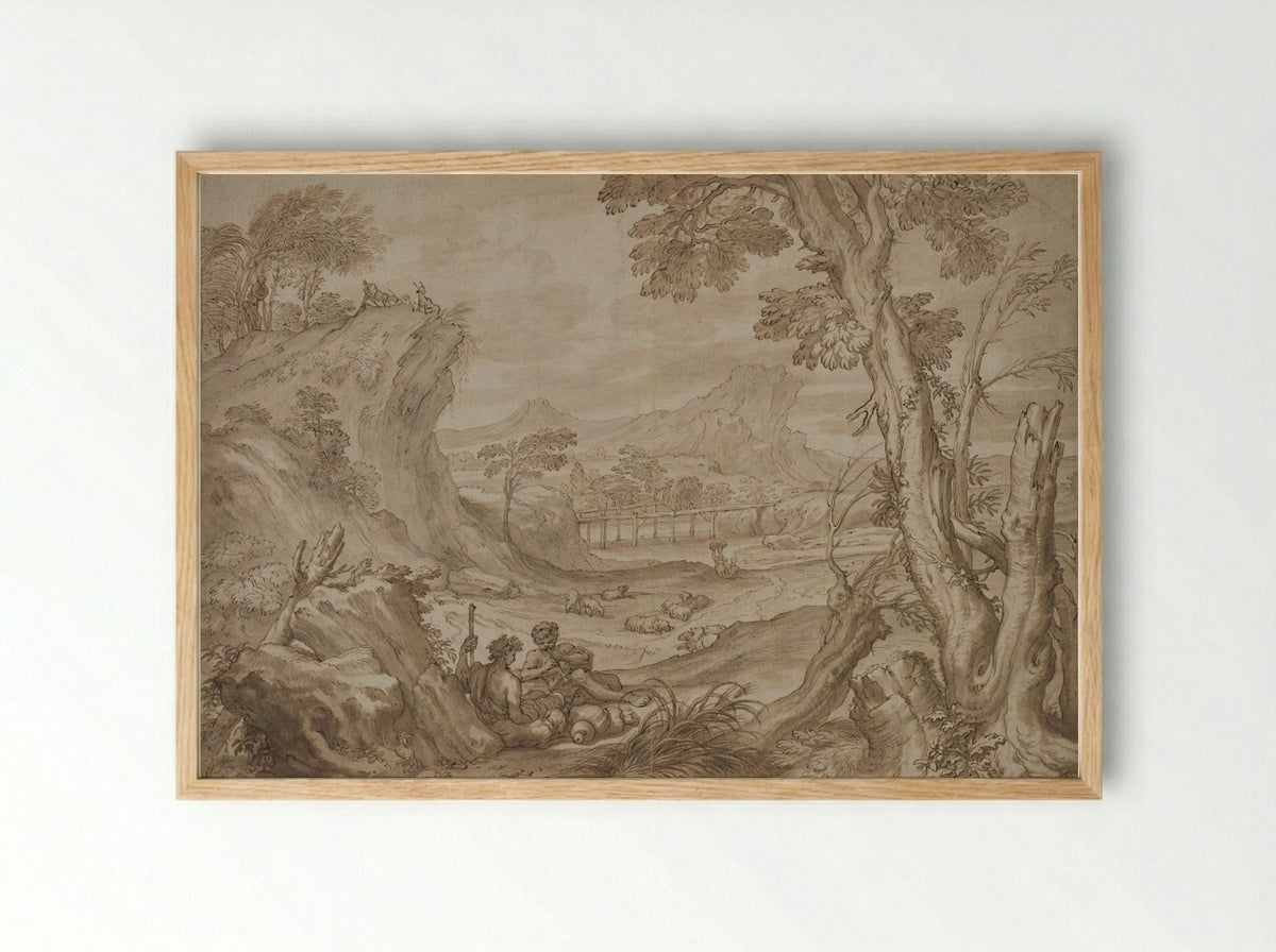 Landscape with Shepherds - Domenico Piola - Framed Print Wood