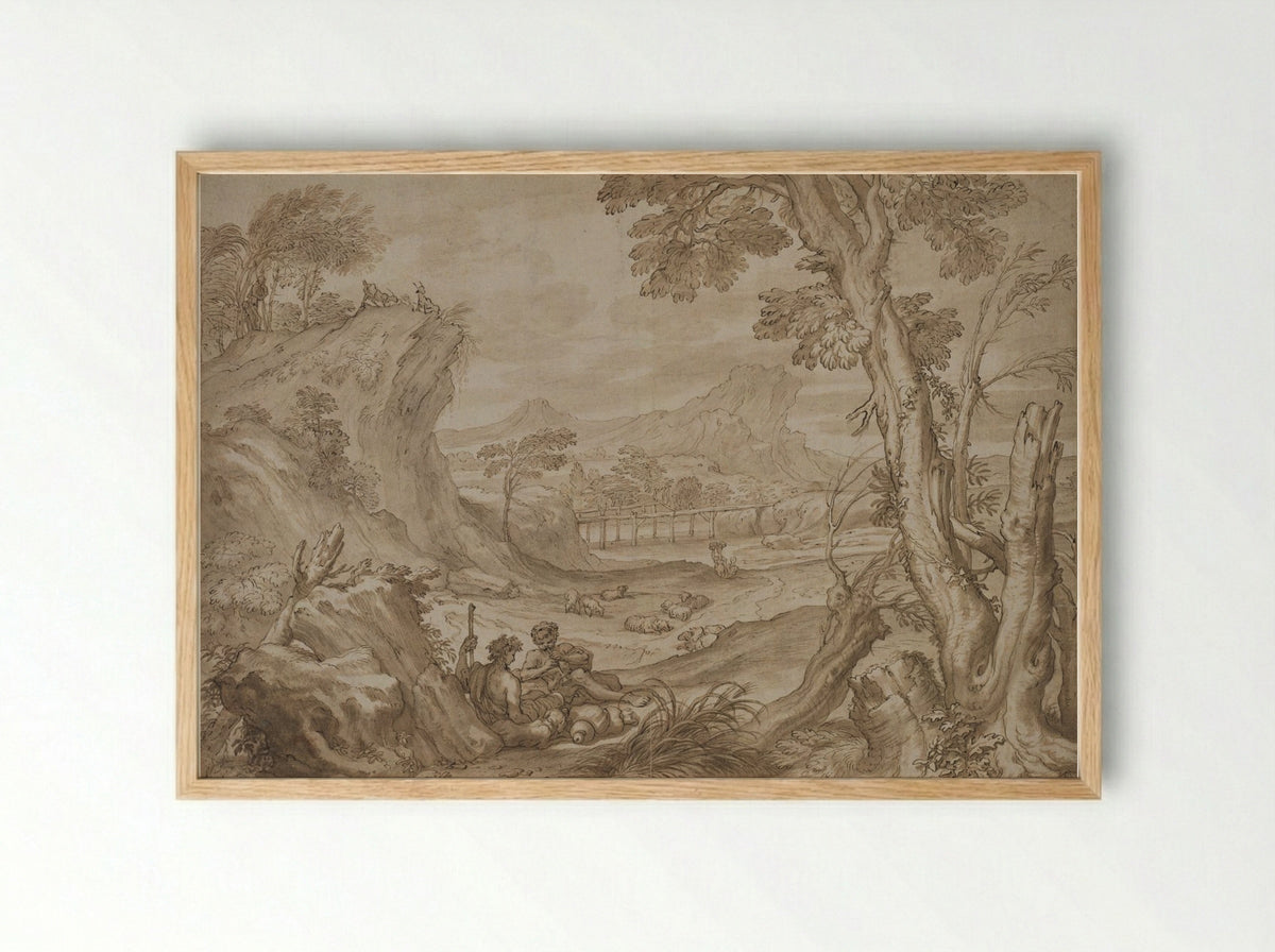 Landscape with Shepherds - Domenico Piola - Framed Print Wood