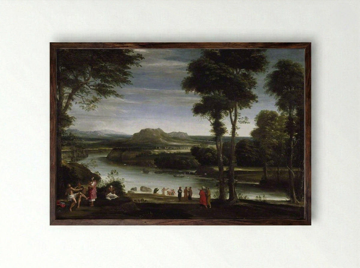 Landscape with St John baptising - Domenichino - Framed Print Dark Wood