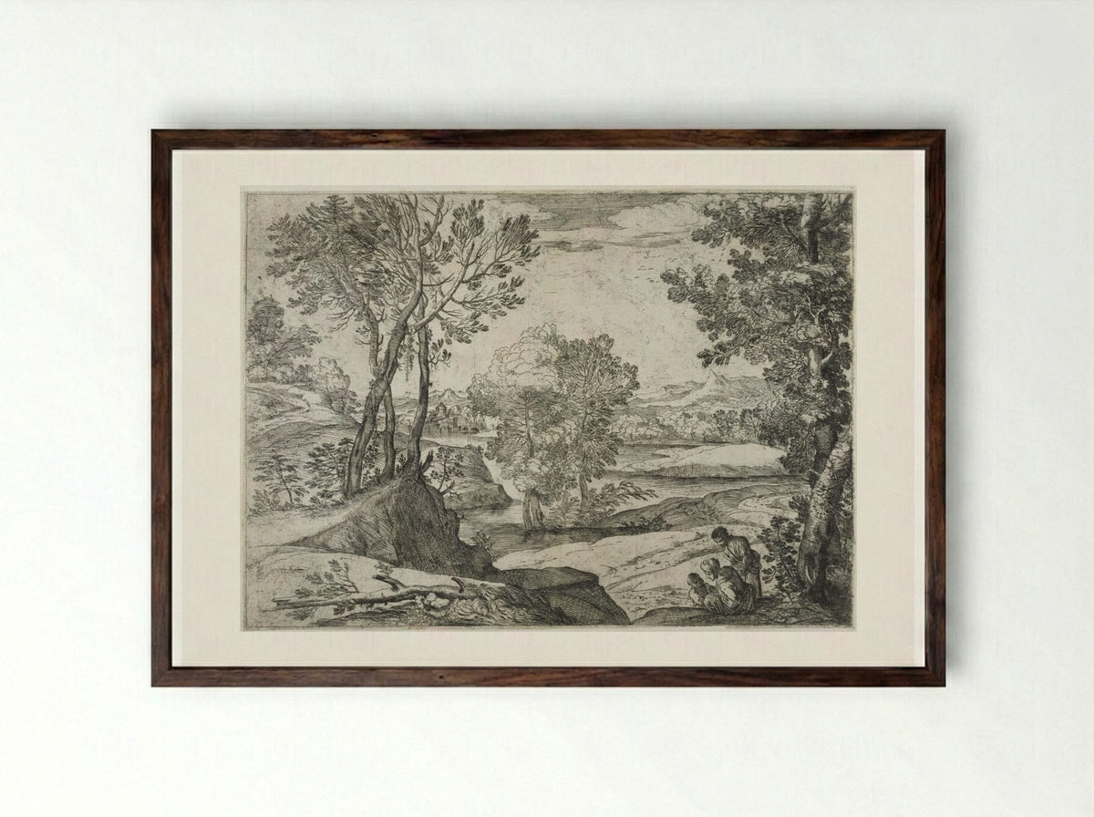 Landscape with Standing Man, Seated Woman, and Child - Giovanni Francesco Grimaldi - Framed Print Dark Wood