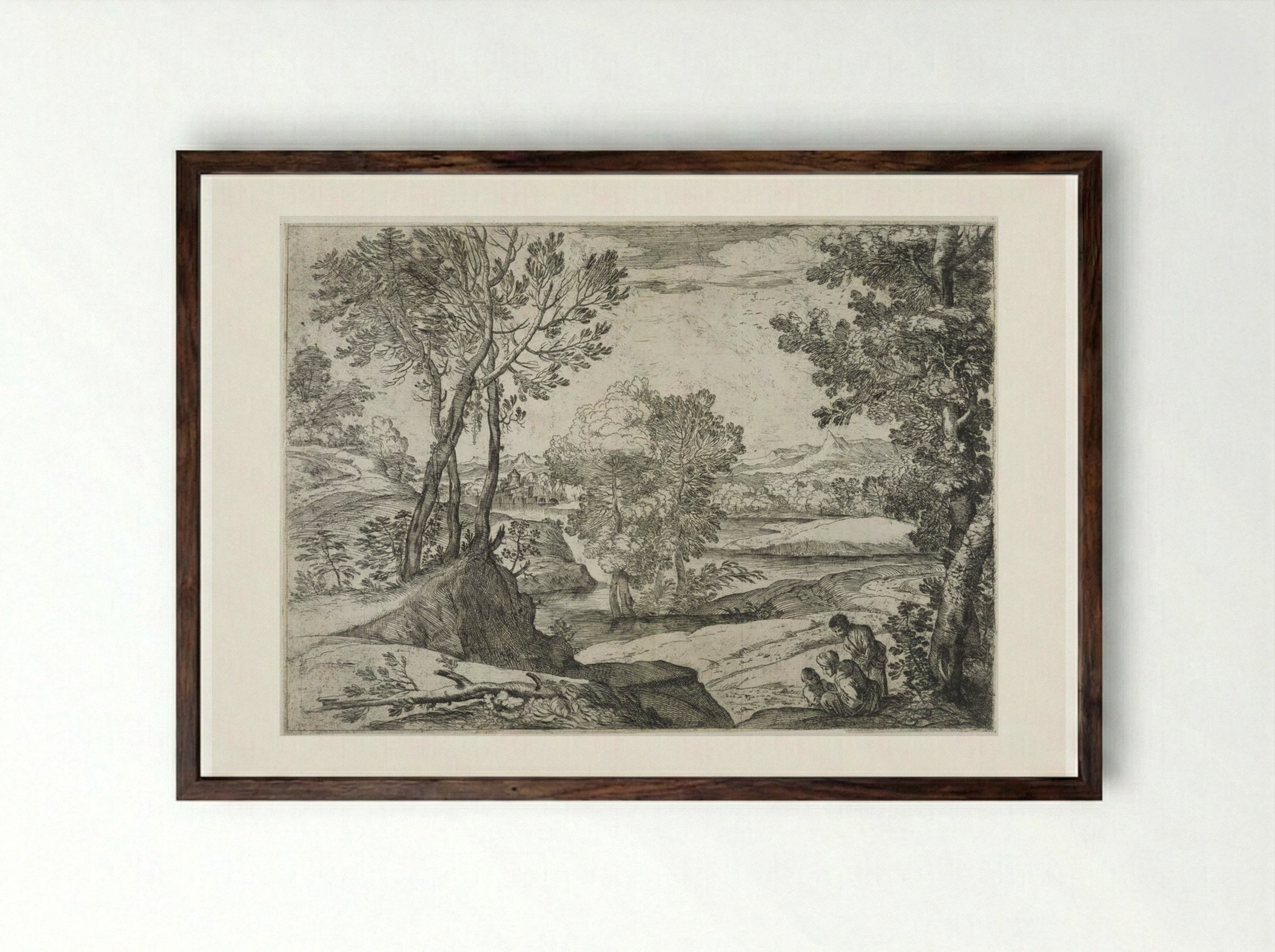 Landscape with Standing Man, Seated Woman, and Child - Giovanni Francesco Grimaldi - Framed Print Dark Wood