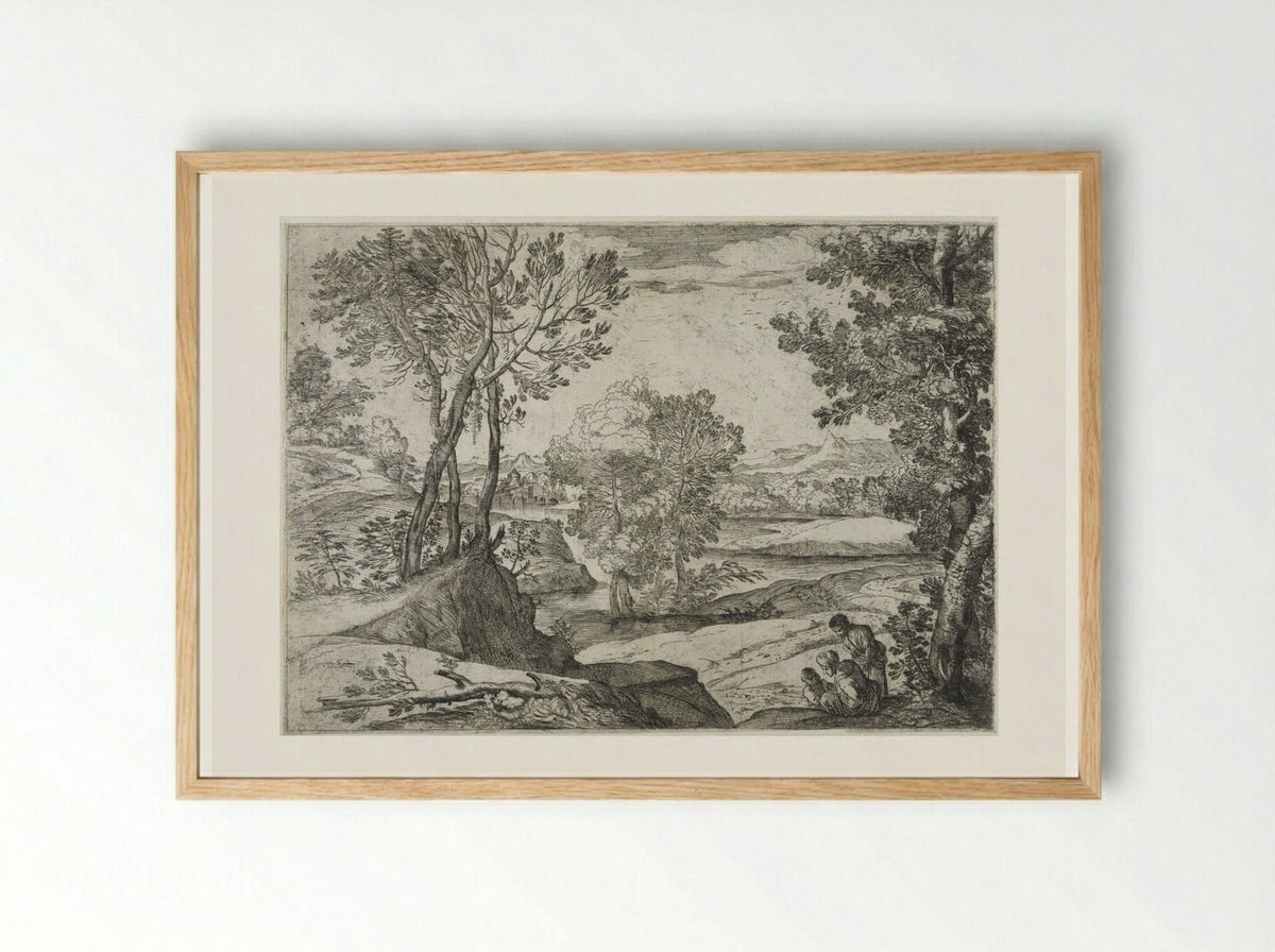 Landscape with Standing Man, Seated Woman, and Child - Giovanni Francesco Grimaldi - Framed Print Wood