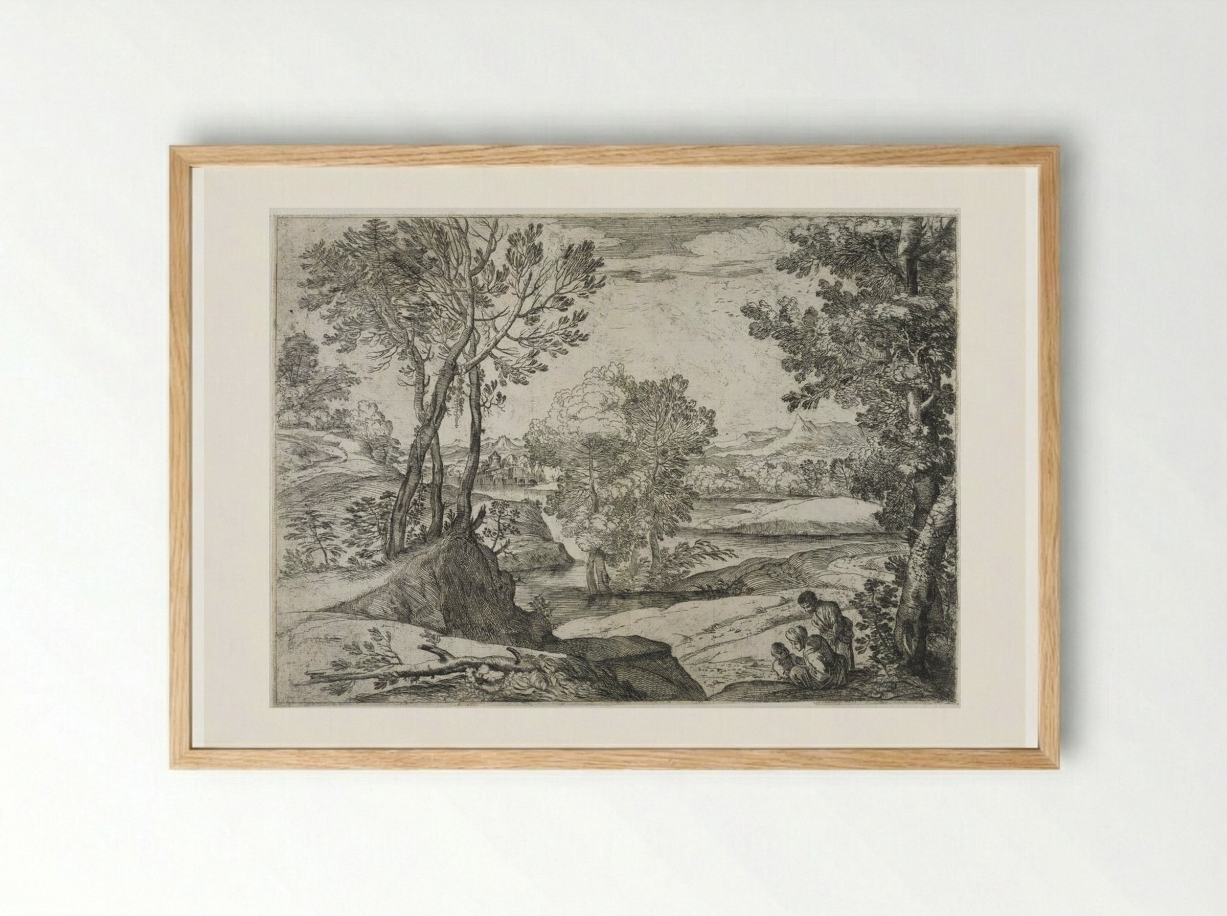 Landscape with Standing Man, Seated Woman, and Child - Giovanni Francesco Grimaldi - Framed Print Wood