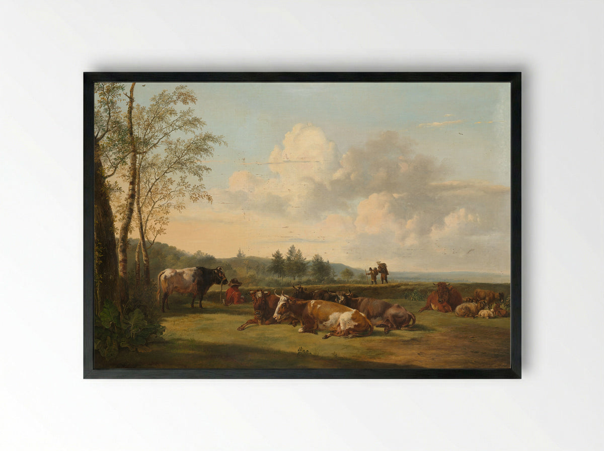 Landscape with Standing and Lying Cow and Shepherdess before a Ruin - Pieter Gerardus van Os - Framed Print Black