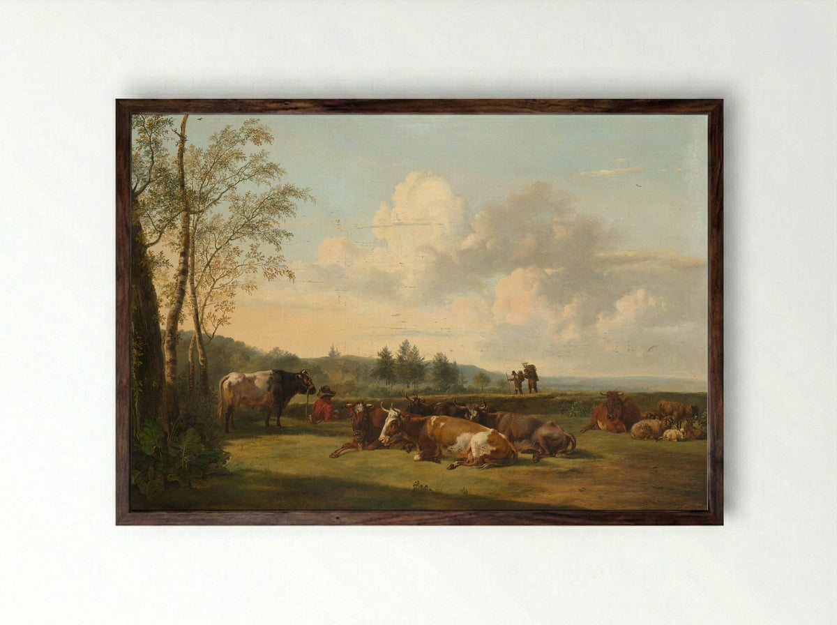 Landscape with Standing and Lying Cow and Shepherdess before a Ruin - Pieter Gerardus van Os - Framed Print Dark Wood