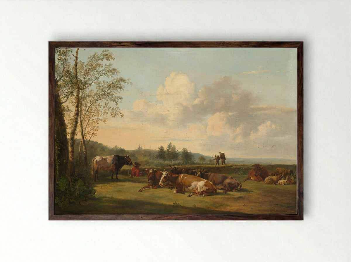 Landscape with Standing and Lying Cow and Shepherdess before a Ruin - Pieter Gerardus van Os - Framed Print Dark Wood