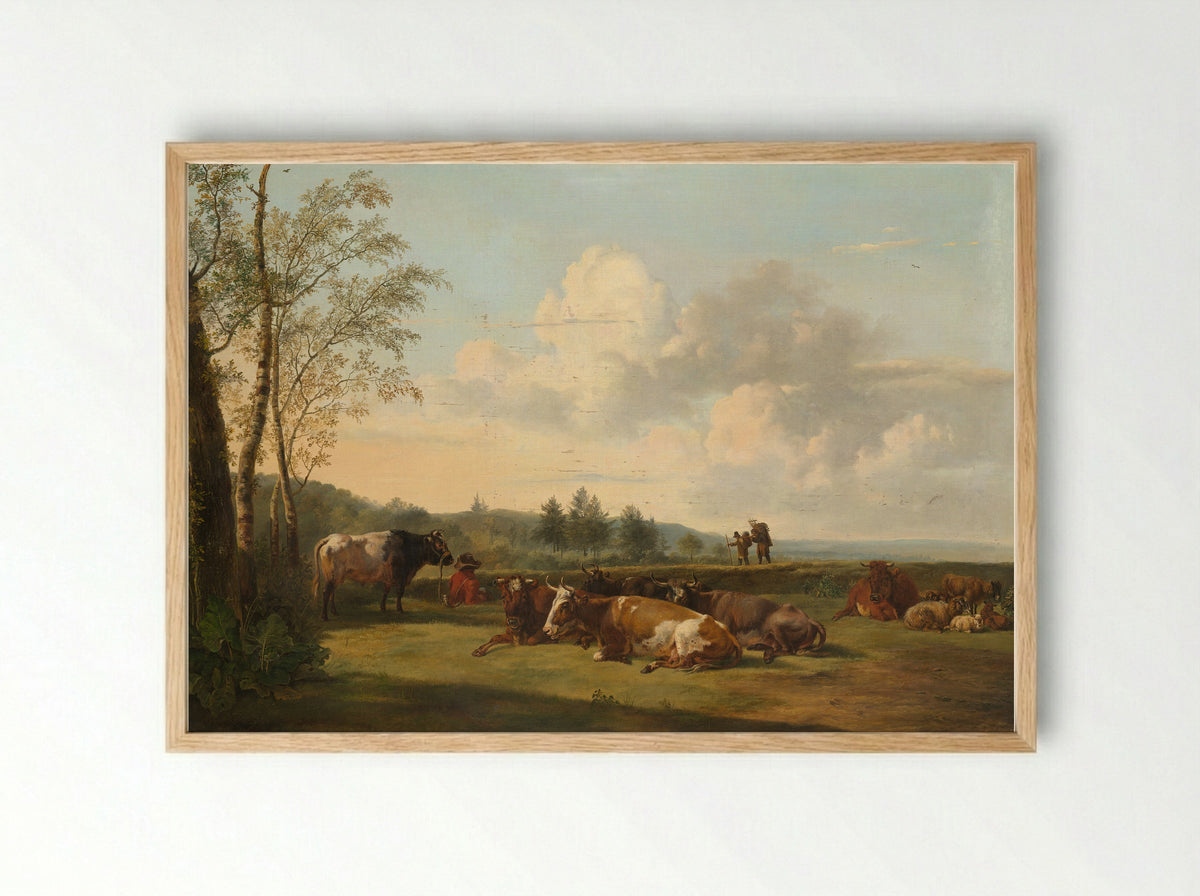 Landscape with Standing and Lying Cow and Shepherdess before a Ruin - Pieter Gerardus van Os - Framed Print Wood