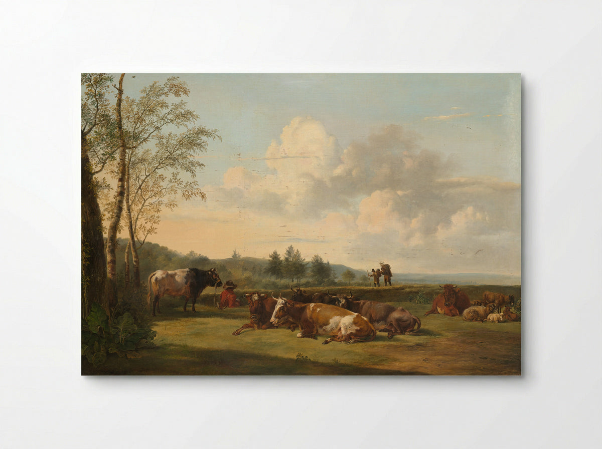 Landscape with Standing and Lying Cow and Shepherdess before a Ruin - Pieter Gerardus van Os - Poster