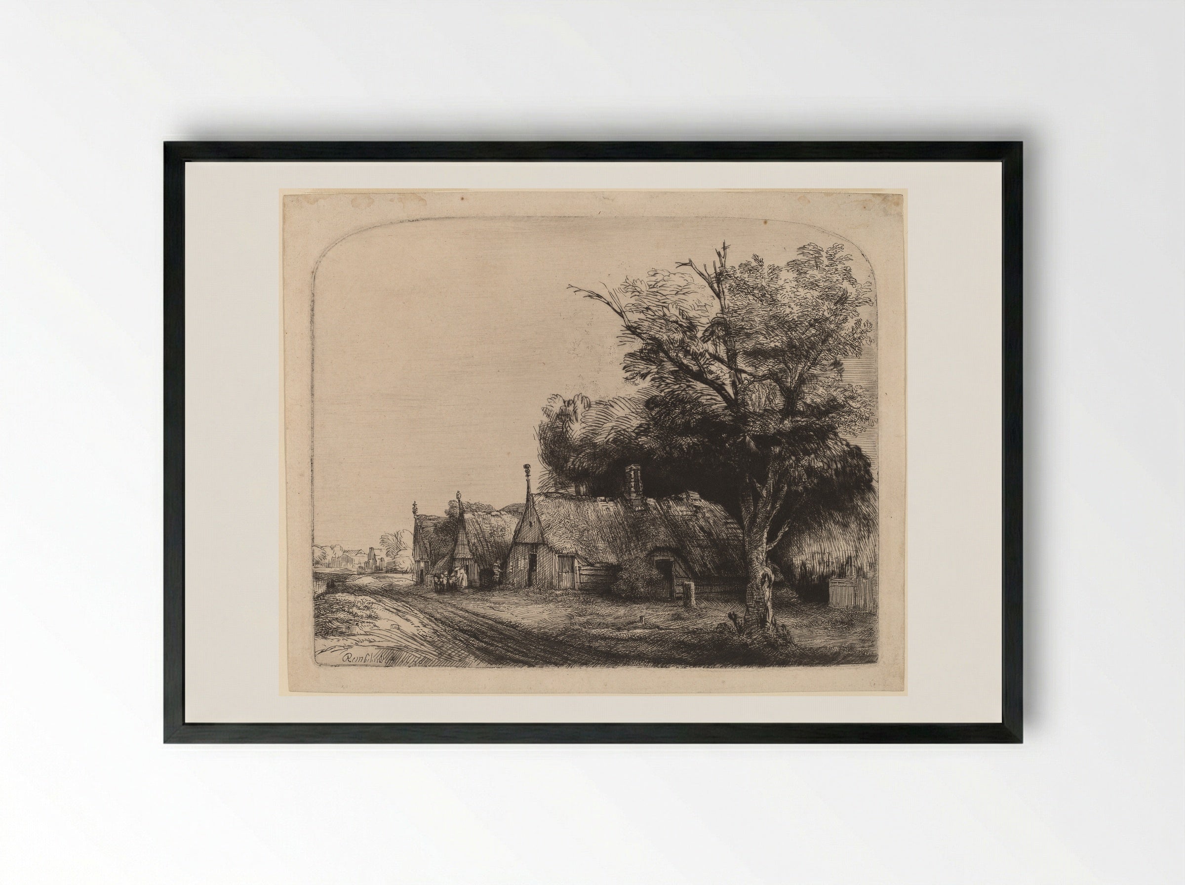 Landscape with Three Gabled Cottages beside a Road - Rembrandt Harmensz. van Rijn - Framed Print Black