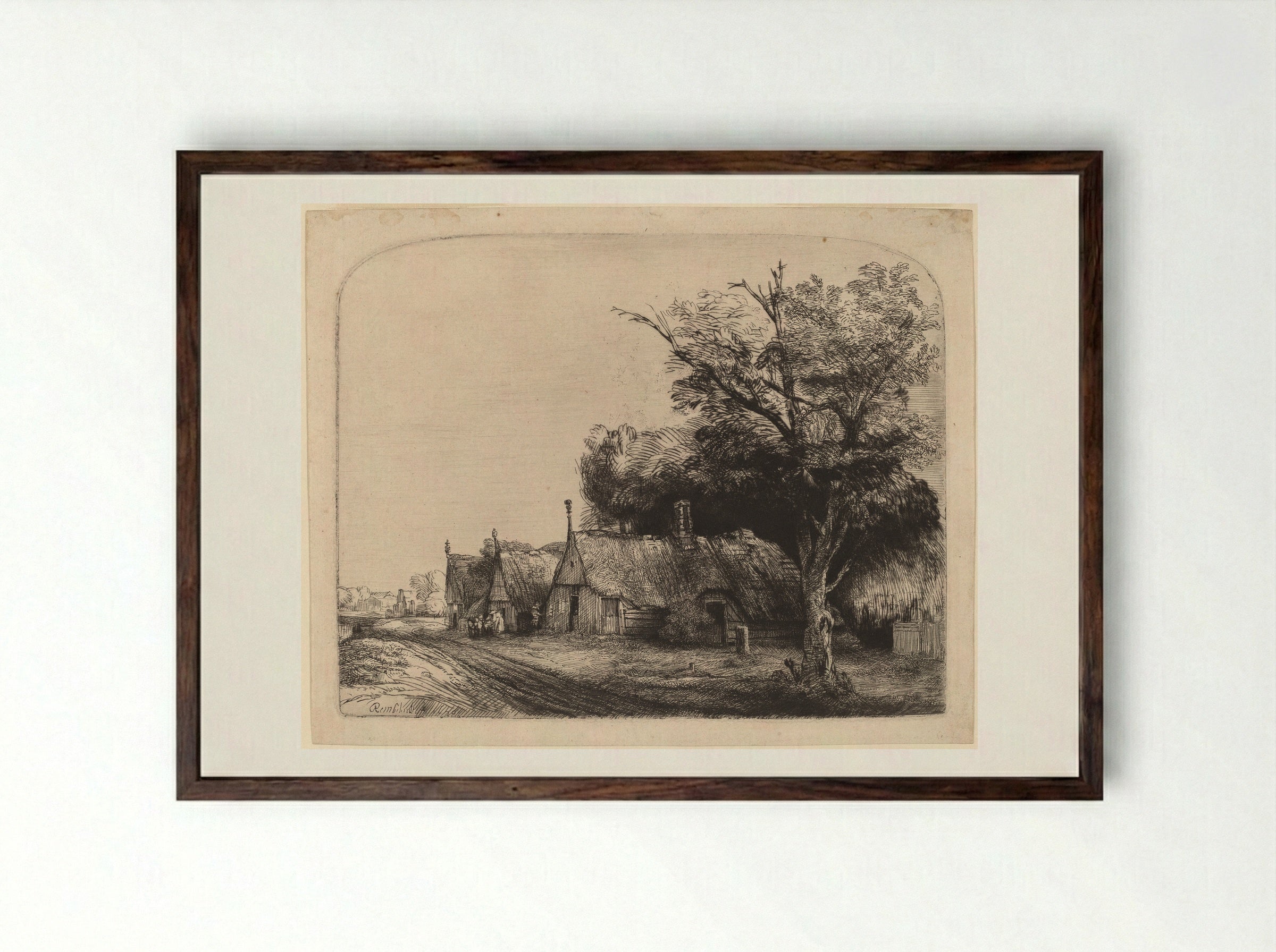 Landscape with Three Gabled Cottages beside a Road - Rembrandt Harmensz. van Rijn - Framed Print Dark Wood