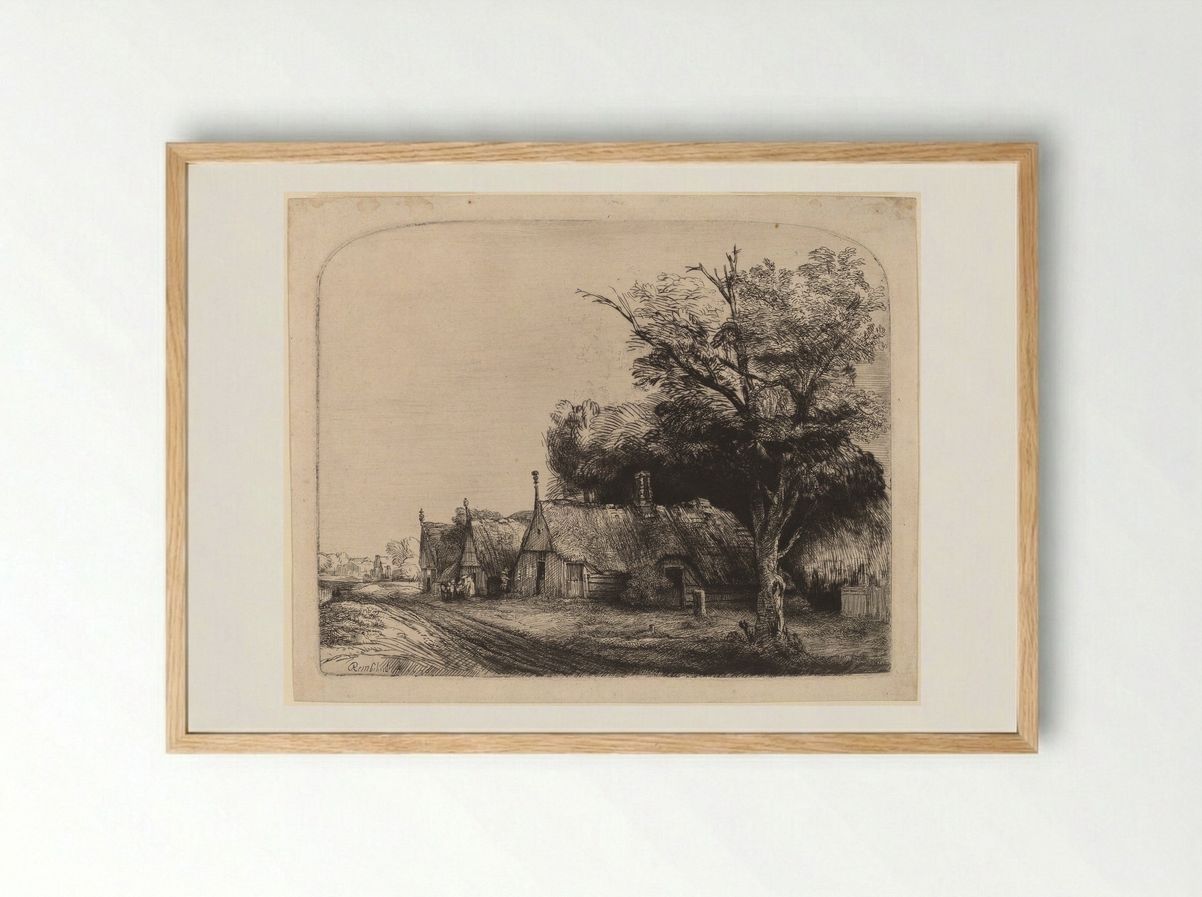Landscape with Three Gabled Cottages beside a Road - Rembrandt Harmensz. van Rijn - Framed Print Wood