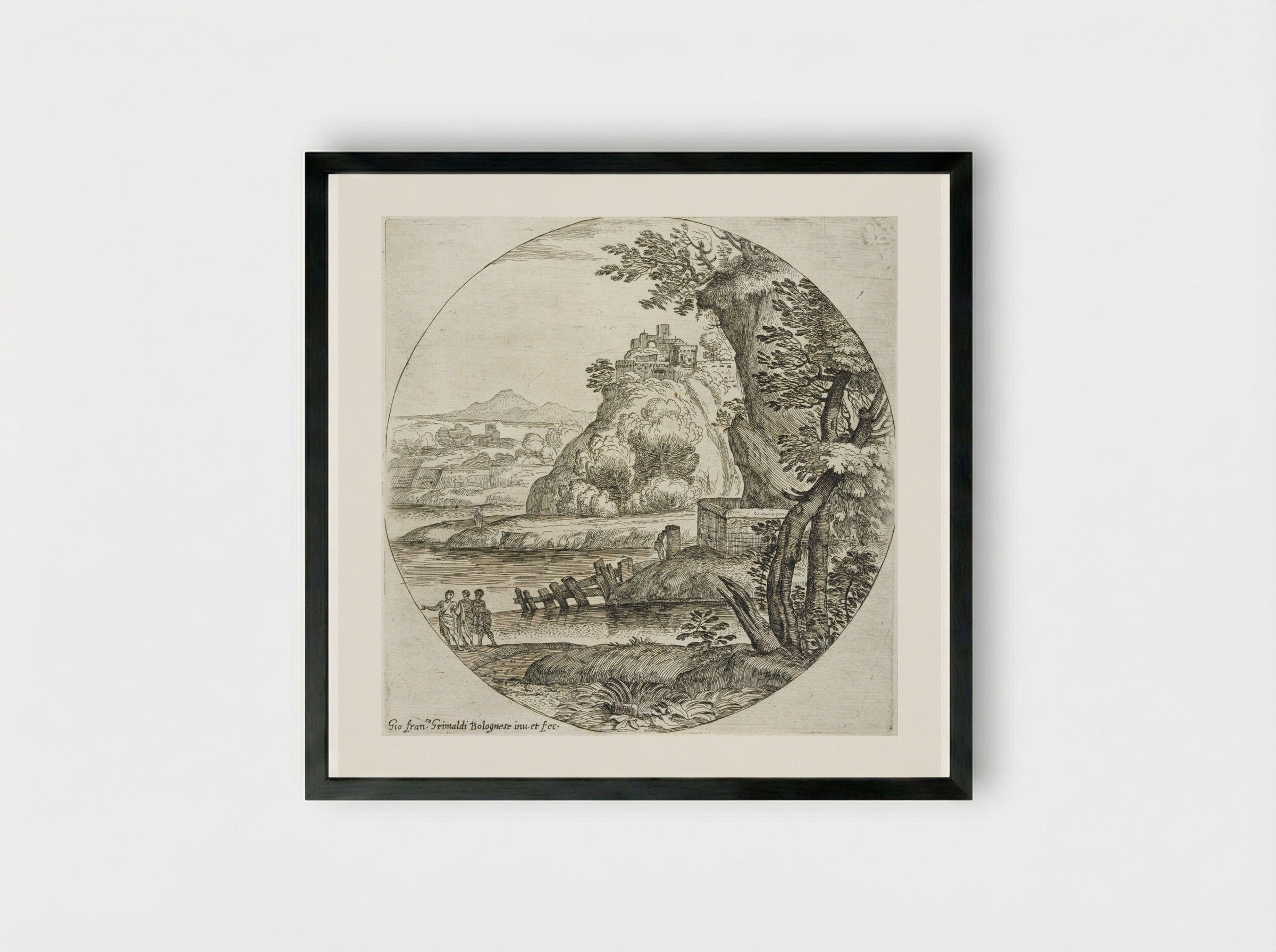 Landscape with Three Men Conversing - Giovanni Francesco Grimaldi - Framed Print Black