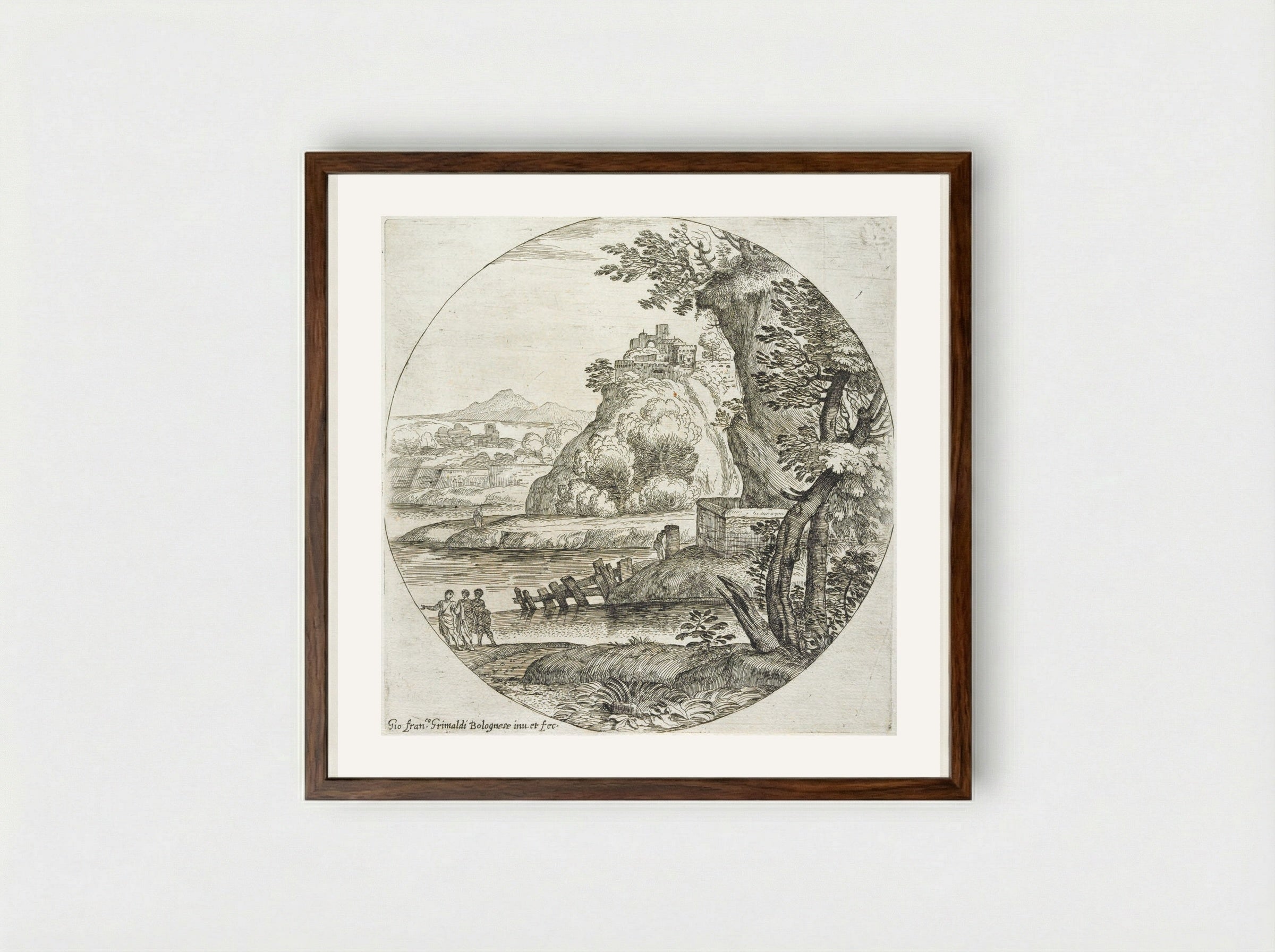 Landscape with Three Men Conversing - Giovanni Francesco Grimaldi - Framed Print Dark Wood