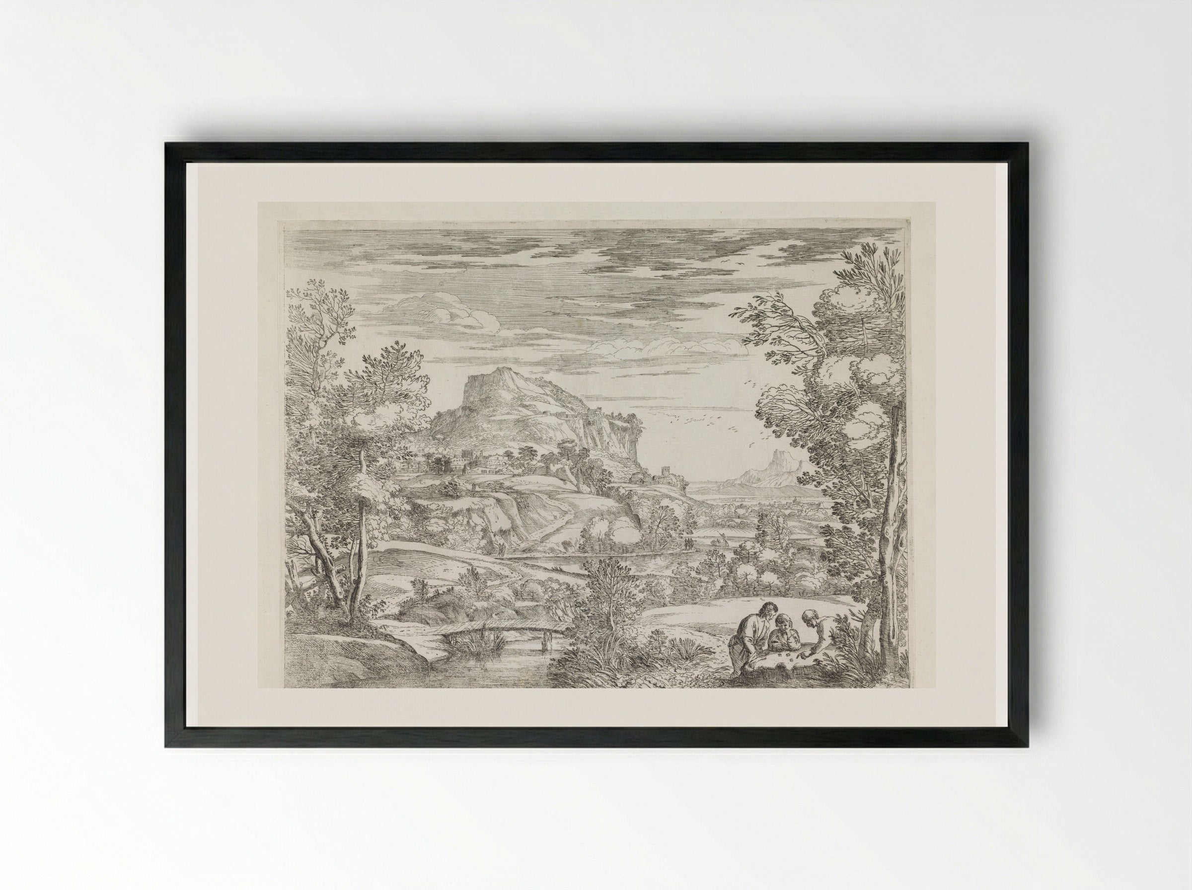 Landscape with Three Men Gambling - Giovanni Francesco Grimaldi - Framed Print Black