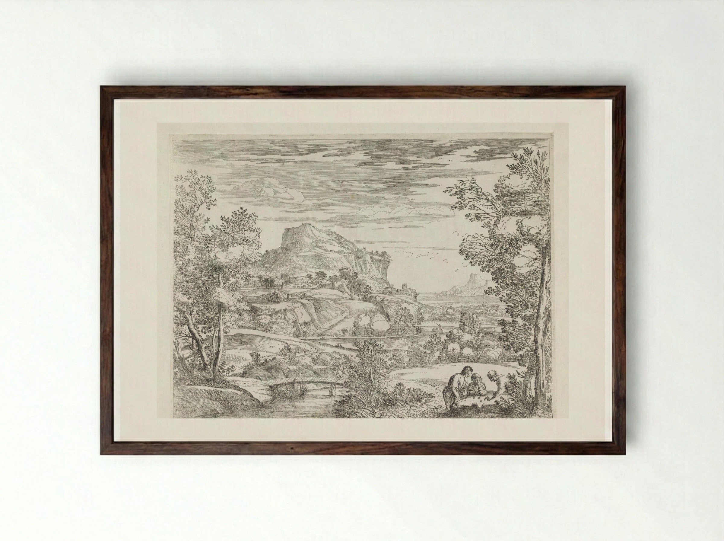 Landscape with Three Men Gambling - Giovanni Francesco Grimaldi - Framed Print Dark Wood