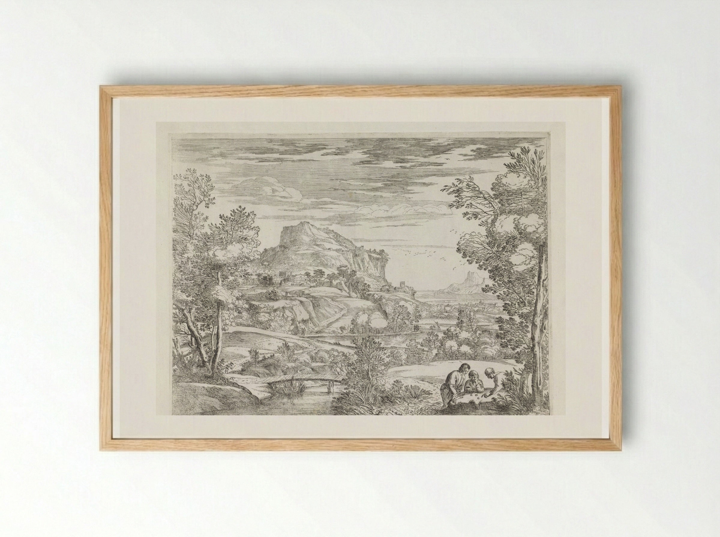 Landscape with Three Men Gambling - Giovanni Francesco Grimaldi - Framed Print Wood