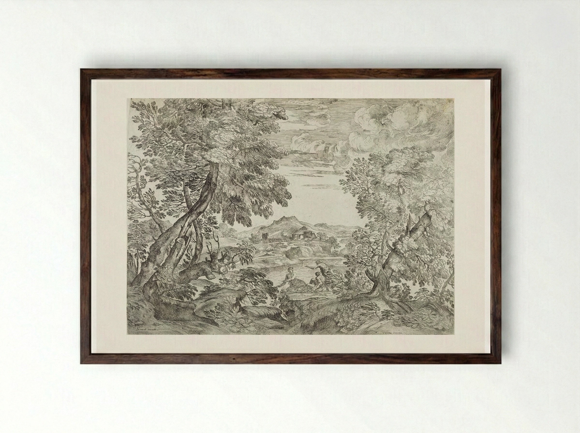 Landscape with Three Men - Giovanni Francesco Grimaldi - Framed Print Dark Wood