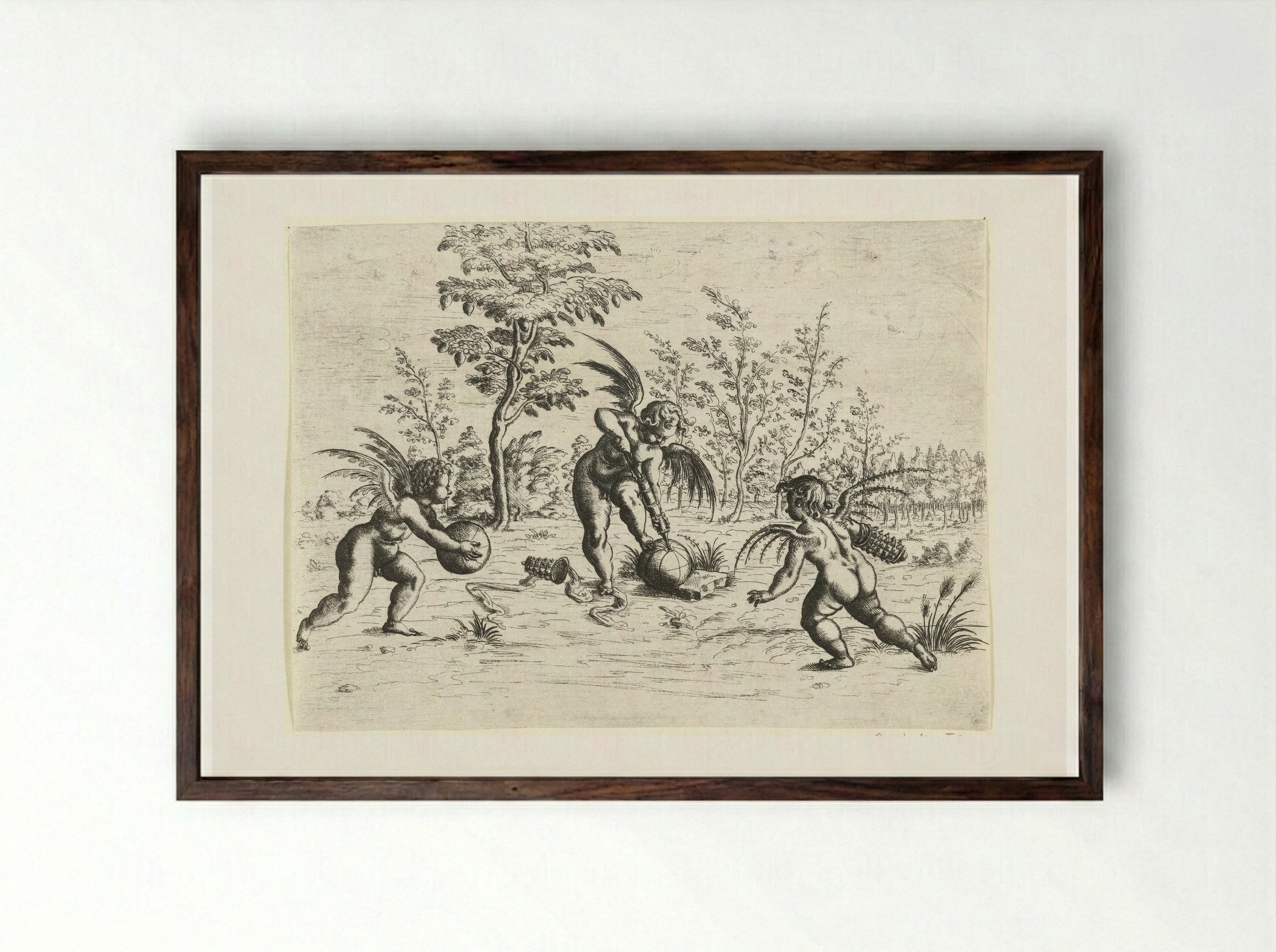 Landscape with Three Putti Playing Ball - Christoph Jamnitzer - Framed Print Dark Wood