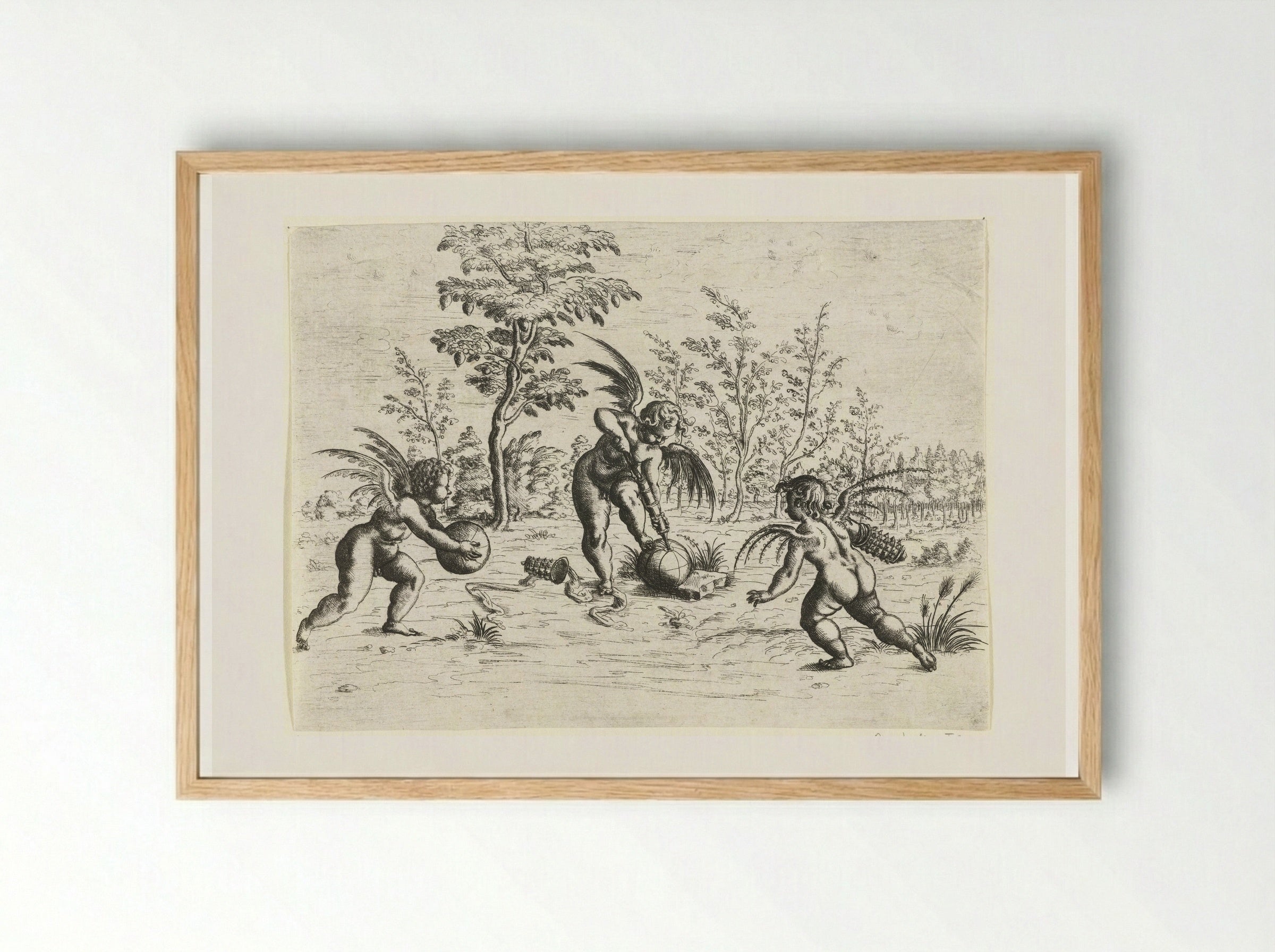 Landscape with Three Putti Playing Ball - Christoph Jamnitzer - Framed Print Wood