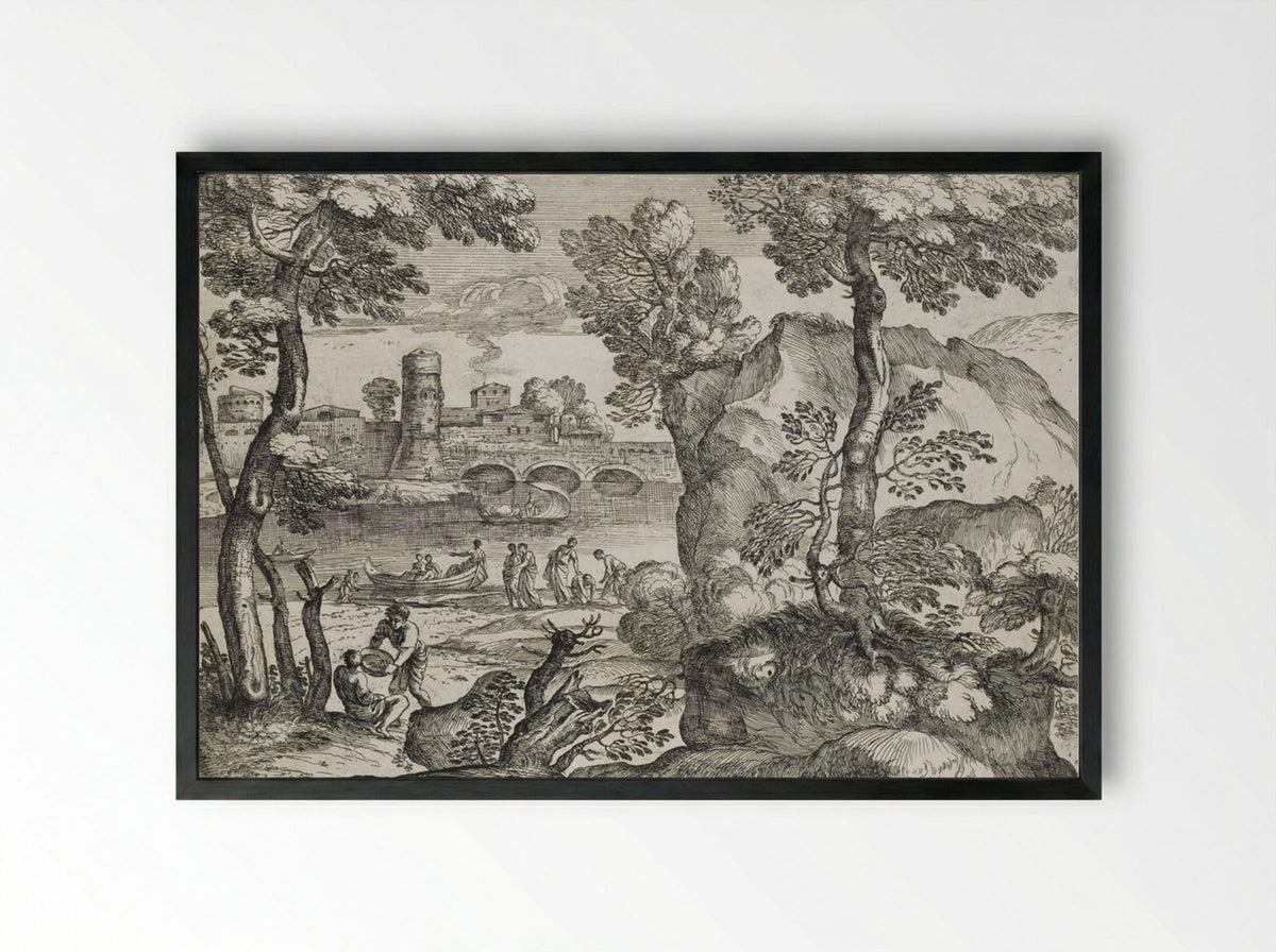 Landscape with Three Small Boats on a River - Giovanni Francesco Grimaldi - Framed Print Black