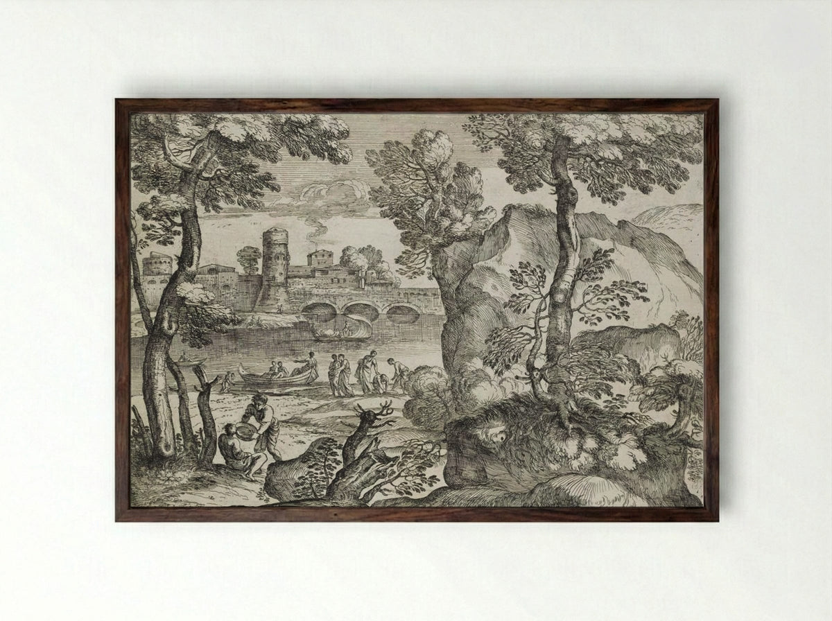 Landscape with Three Small Boats on a River - Giovanni Francesco Grimaldi - Framed Print Dark Wood
