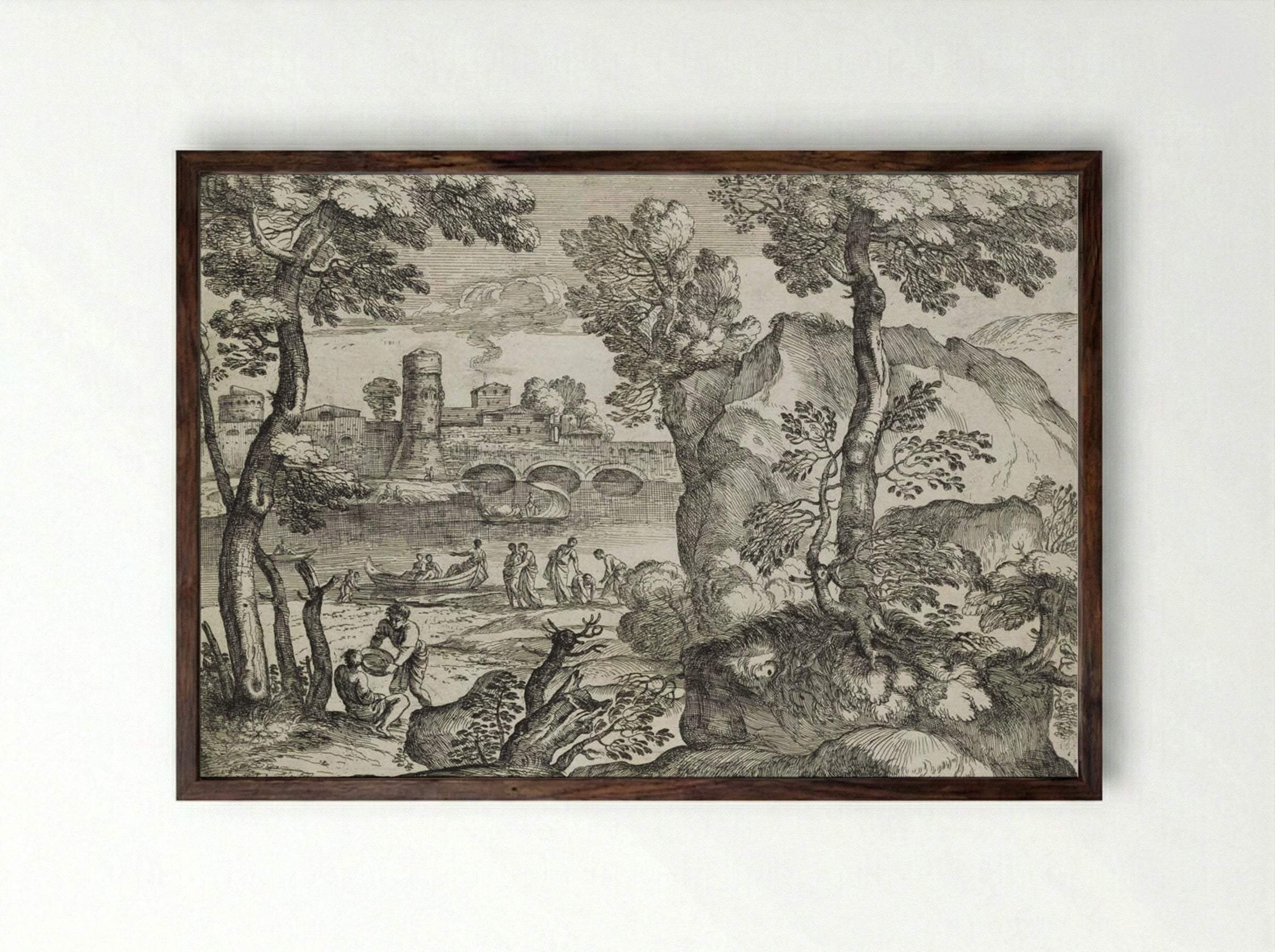 Landscape with Three Small Boats on a River - Giovanni Francesco Grimaldi - Framed Print Dark Wood