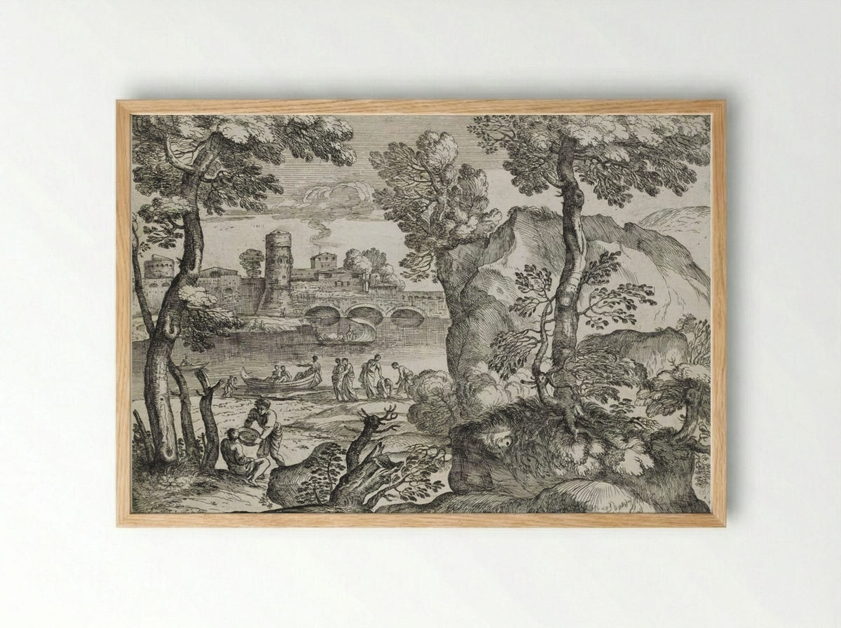 Landscape with Three Small Boats on a River - Giovanni Francesco Grimaldi - Framed Print Wood